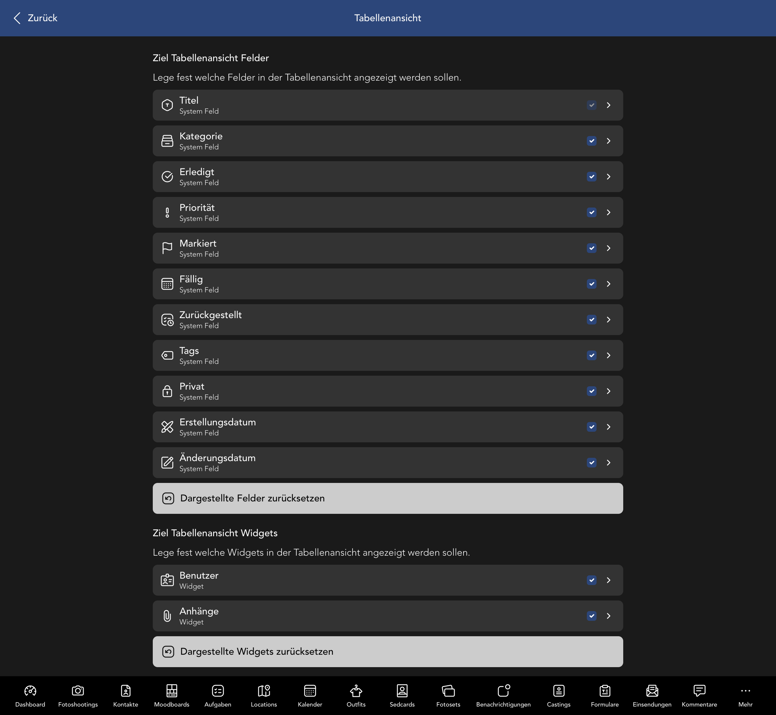 Ziel Tabellenansicht Felder und Widgets