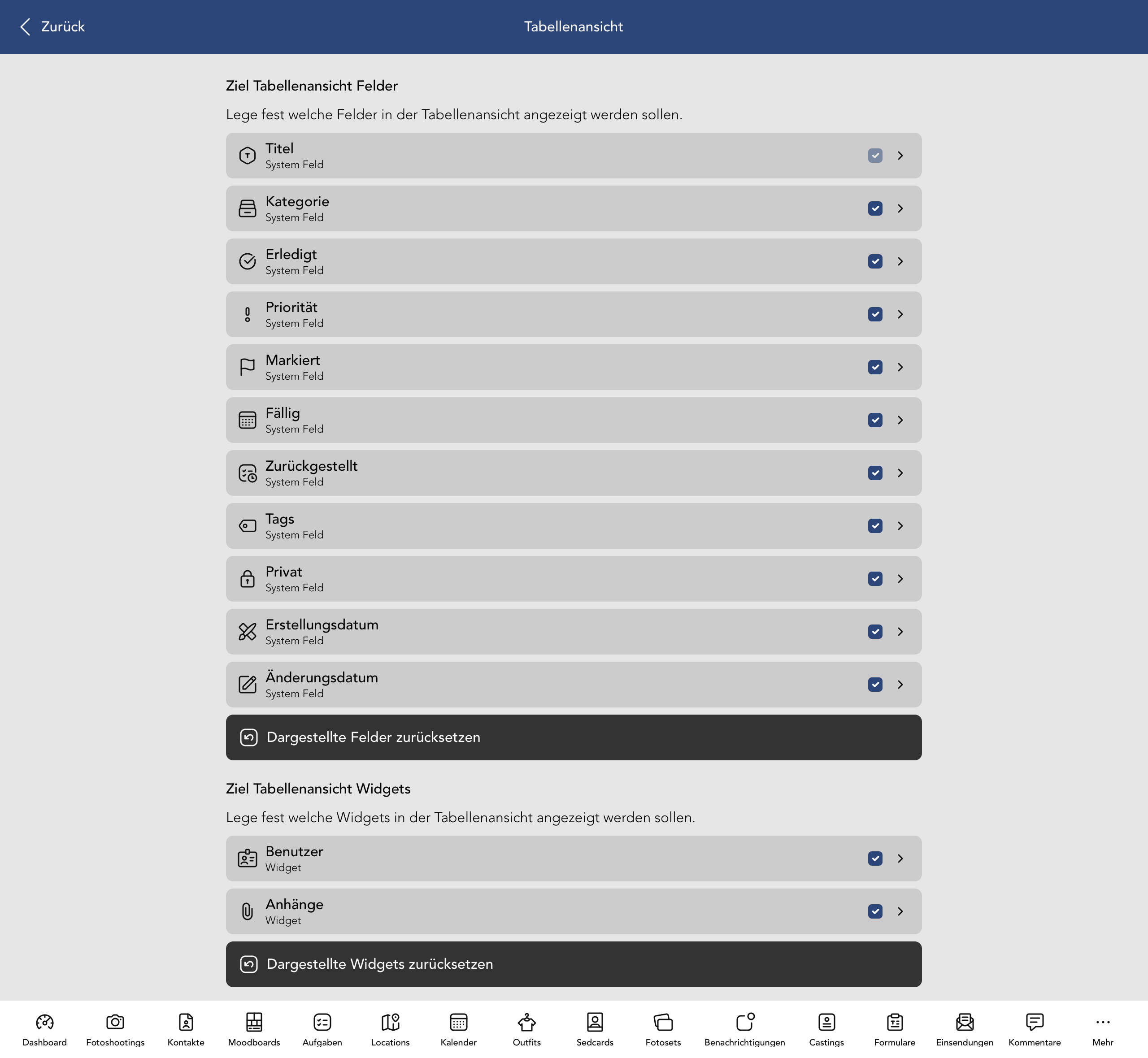 Ziel Tabellenansicht Felder und Widgets
