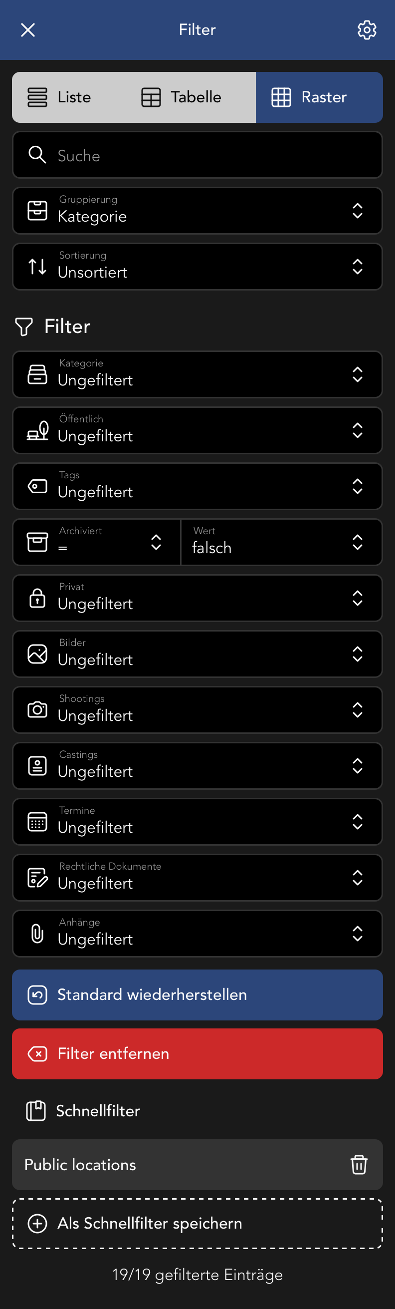 Filter Menu in der Location Übersicht