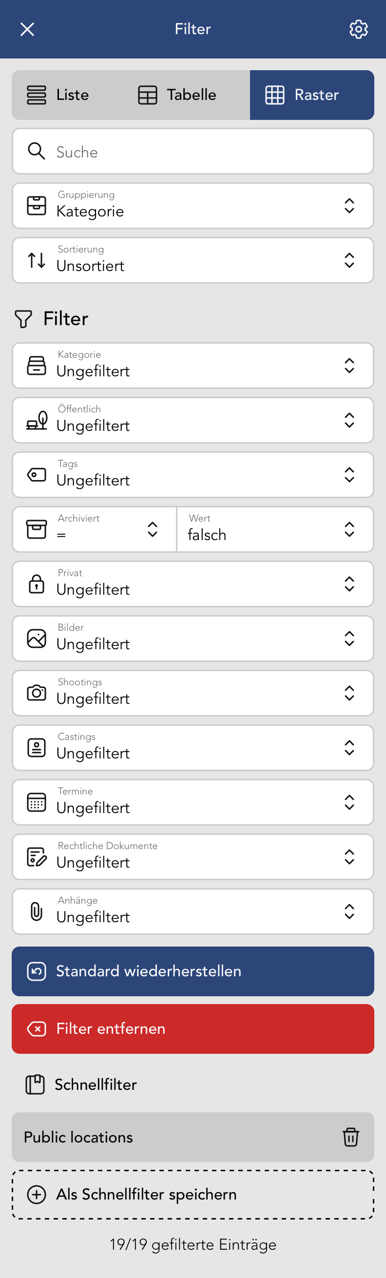 Filter Menu in der Location Übersicht