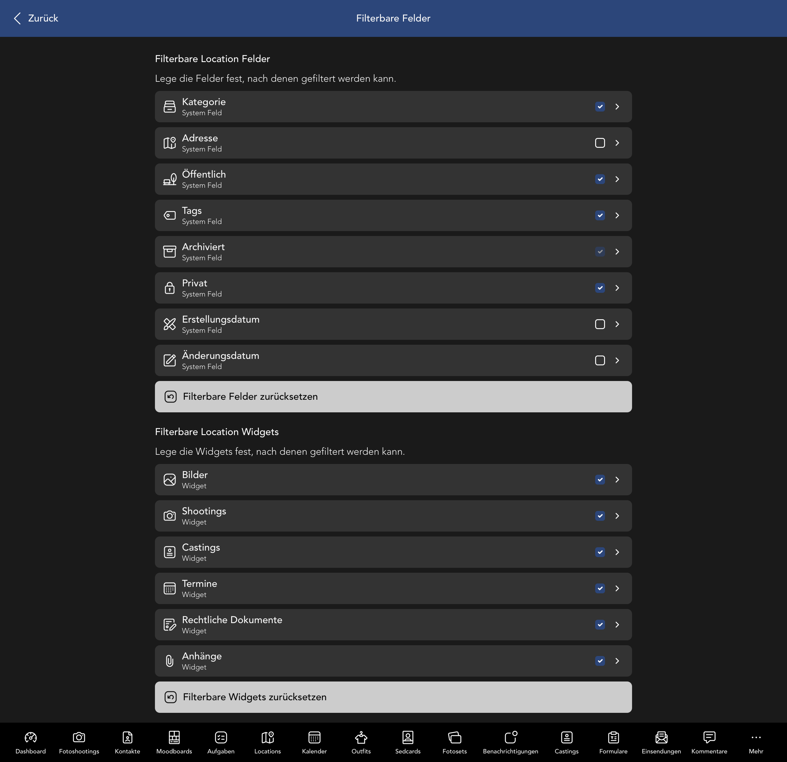 Filterbare Location Felder und Widgets