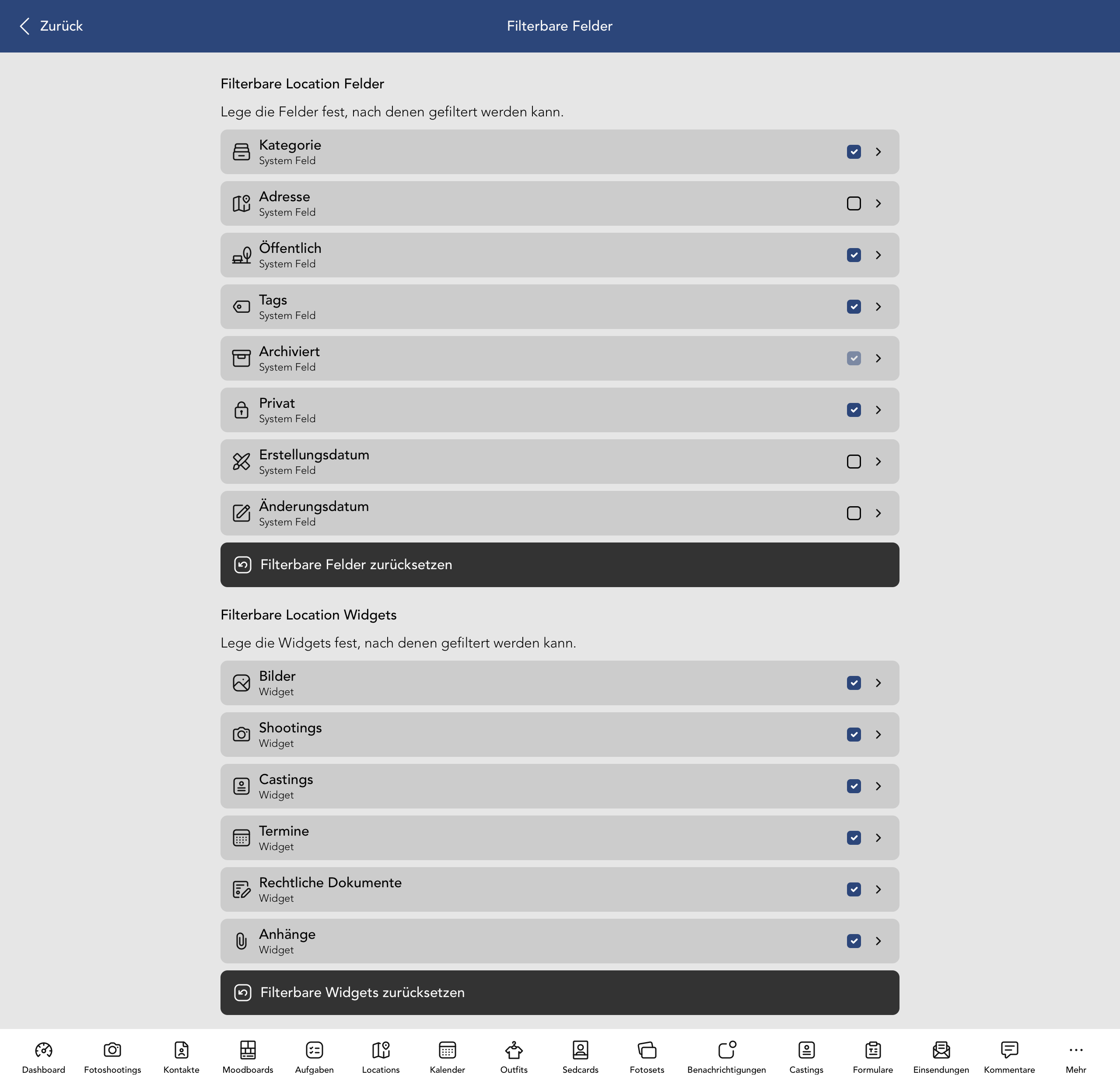 Filterbare Location Felder und Widgets