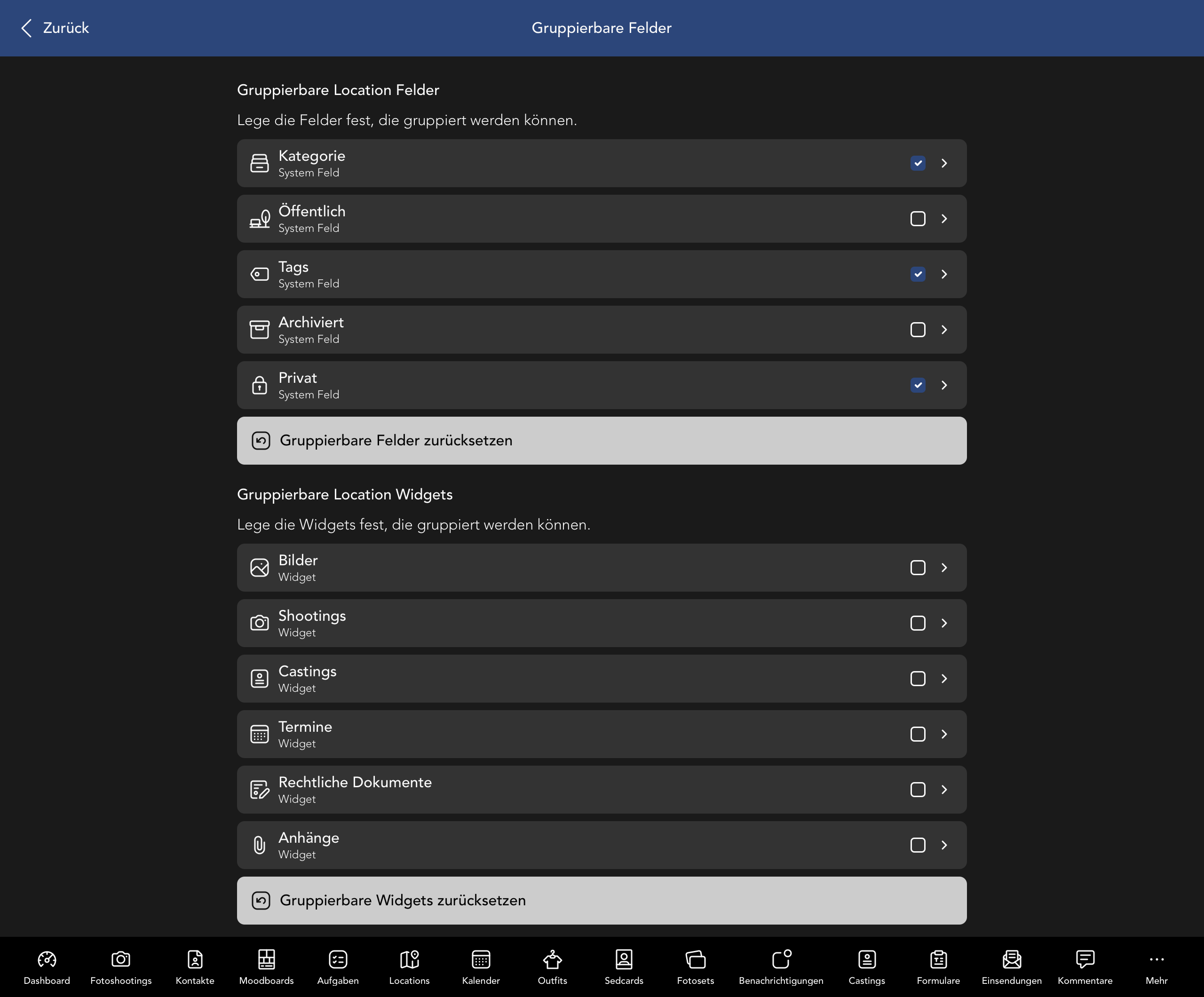 Gruppierbare Location Felder und Widgets