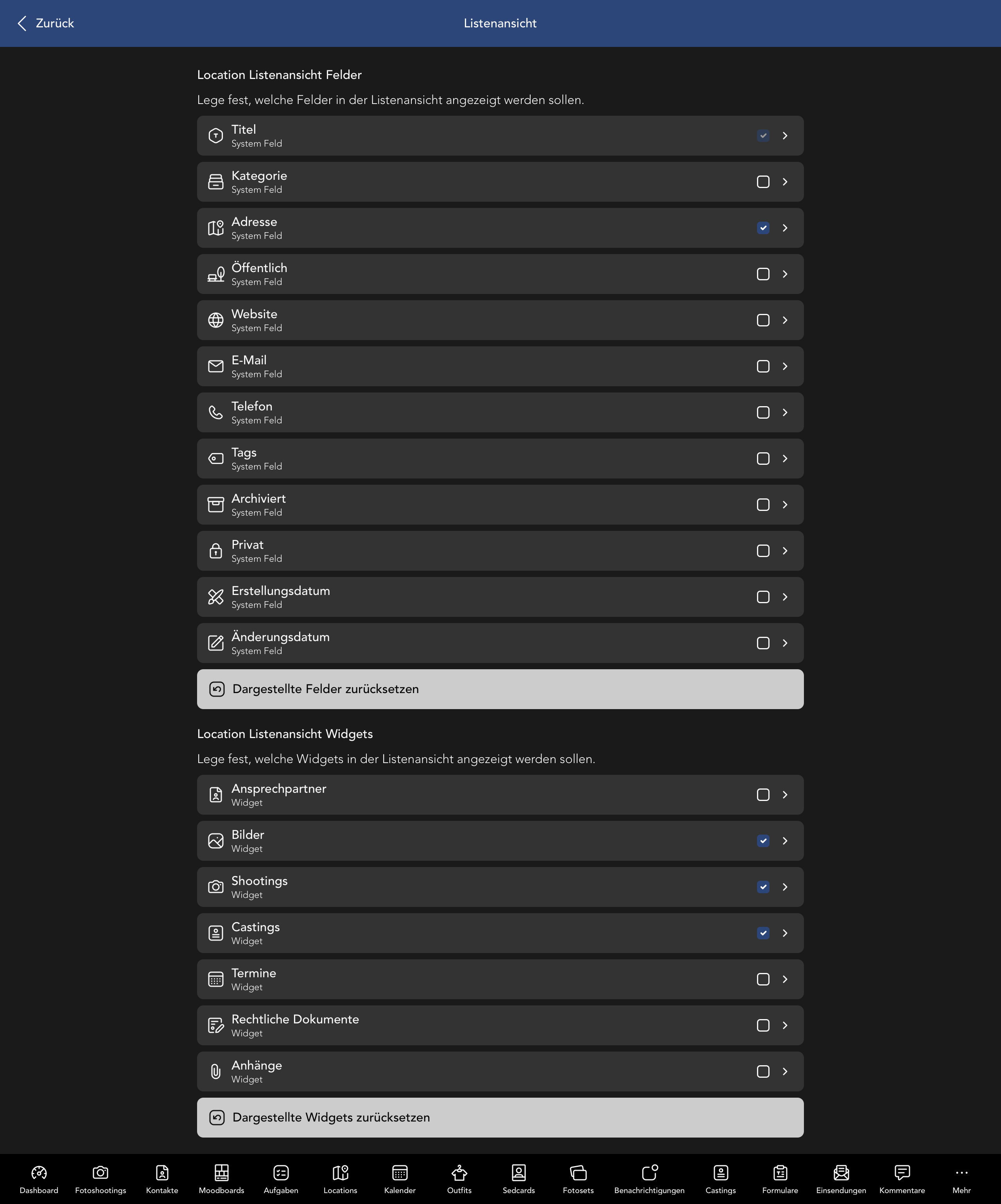 Location Listenansicht Felder und Widgets