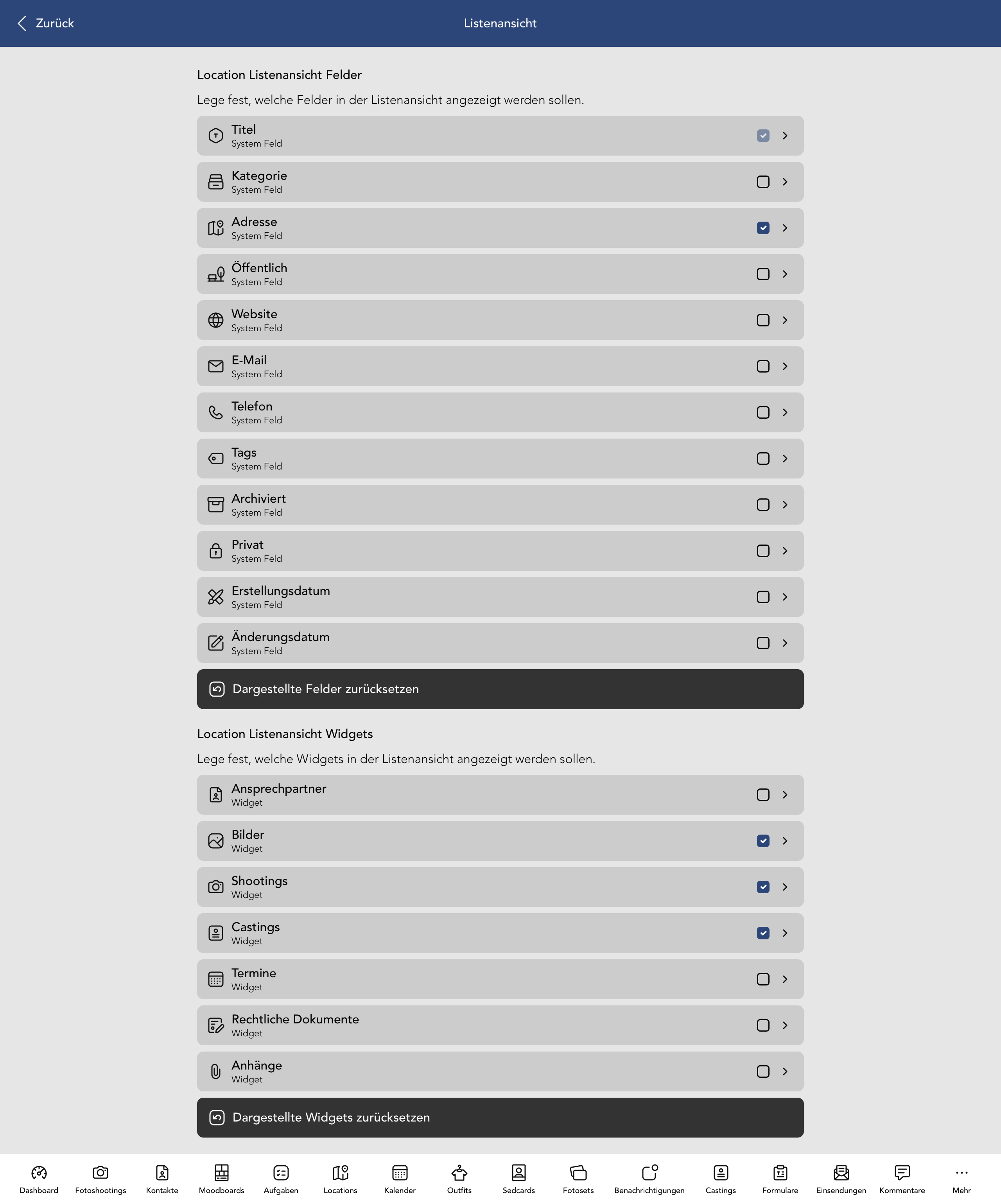 Location Listenansicht Felder und Widgets