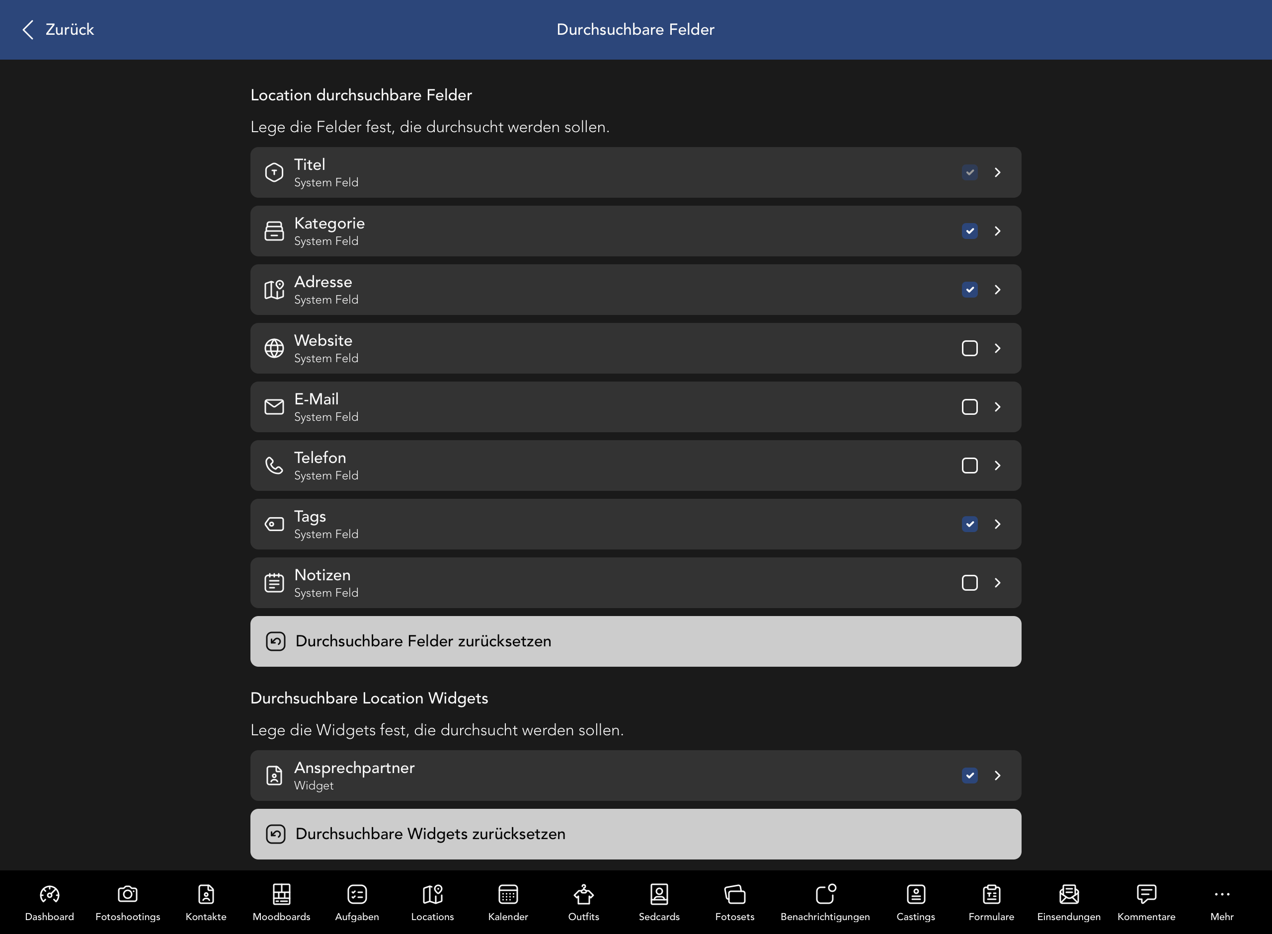 Durchsuchbare Location Felder und Widgets