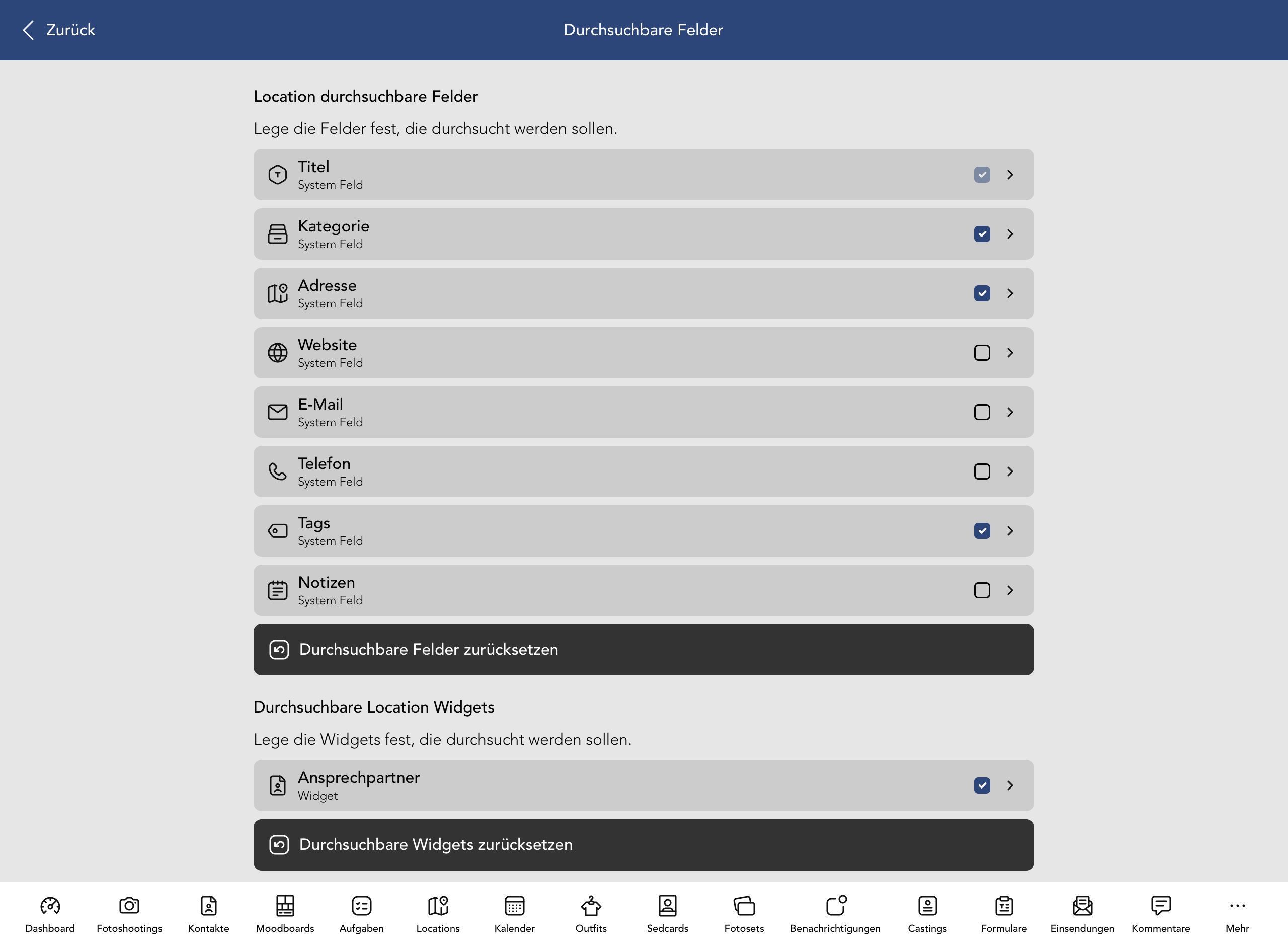 Durchsuchbare Location Felder und Widgets