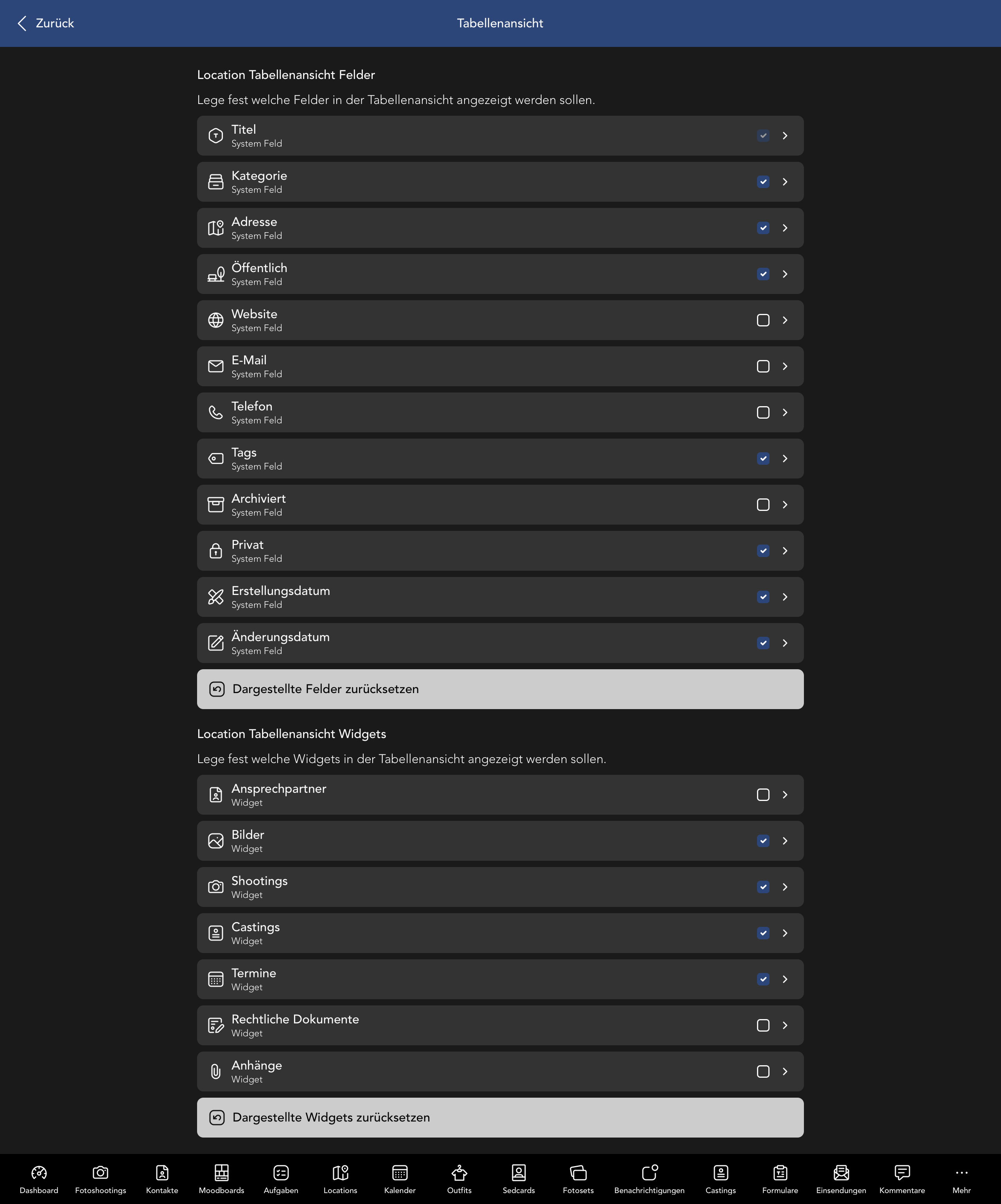 Location Tabellenansicht Felder und Widgets