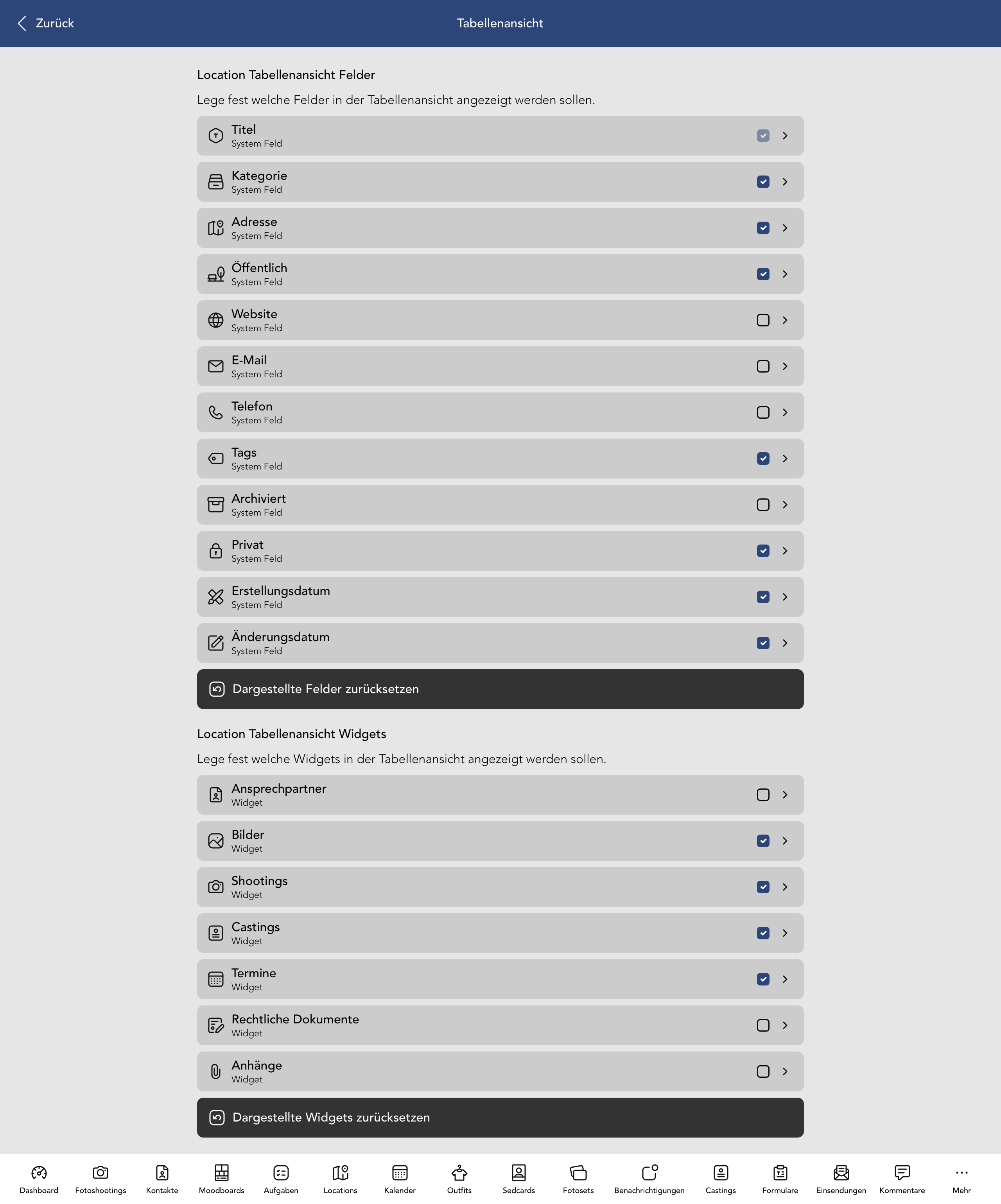 Location Tabellenansicht Felder und Widgets