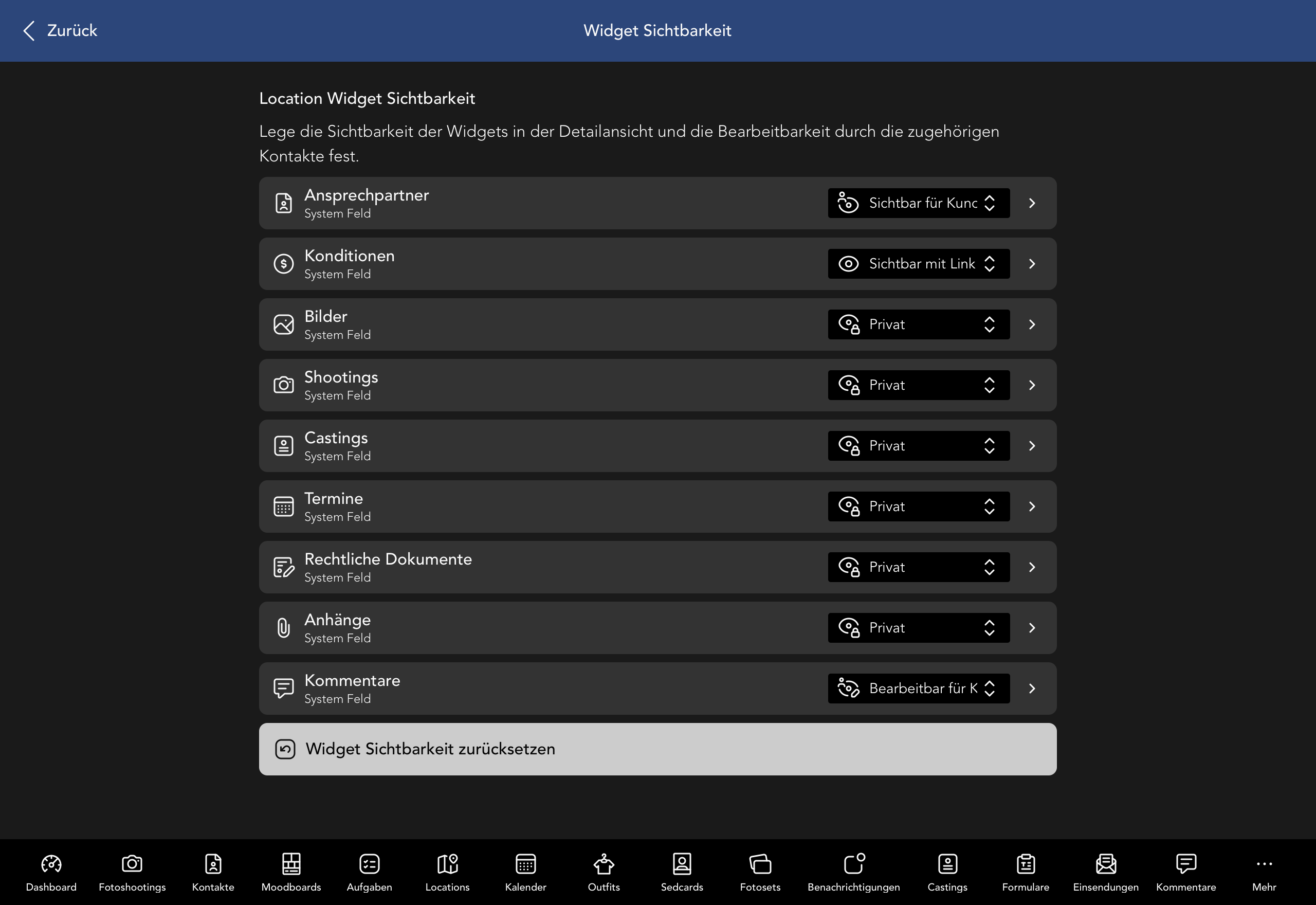 Location Widget Sichtbarkeit