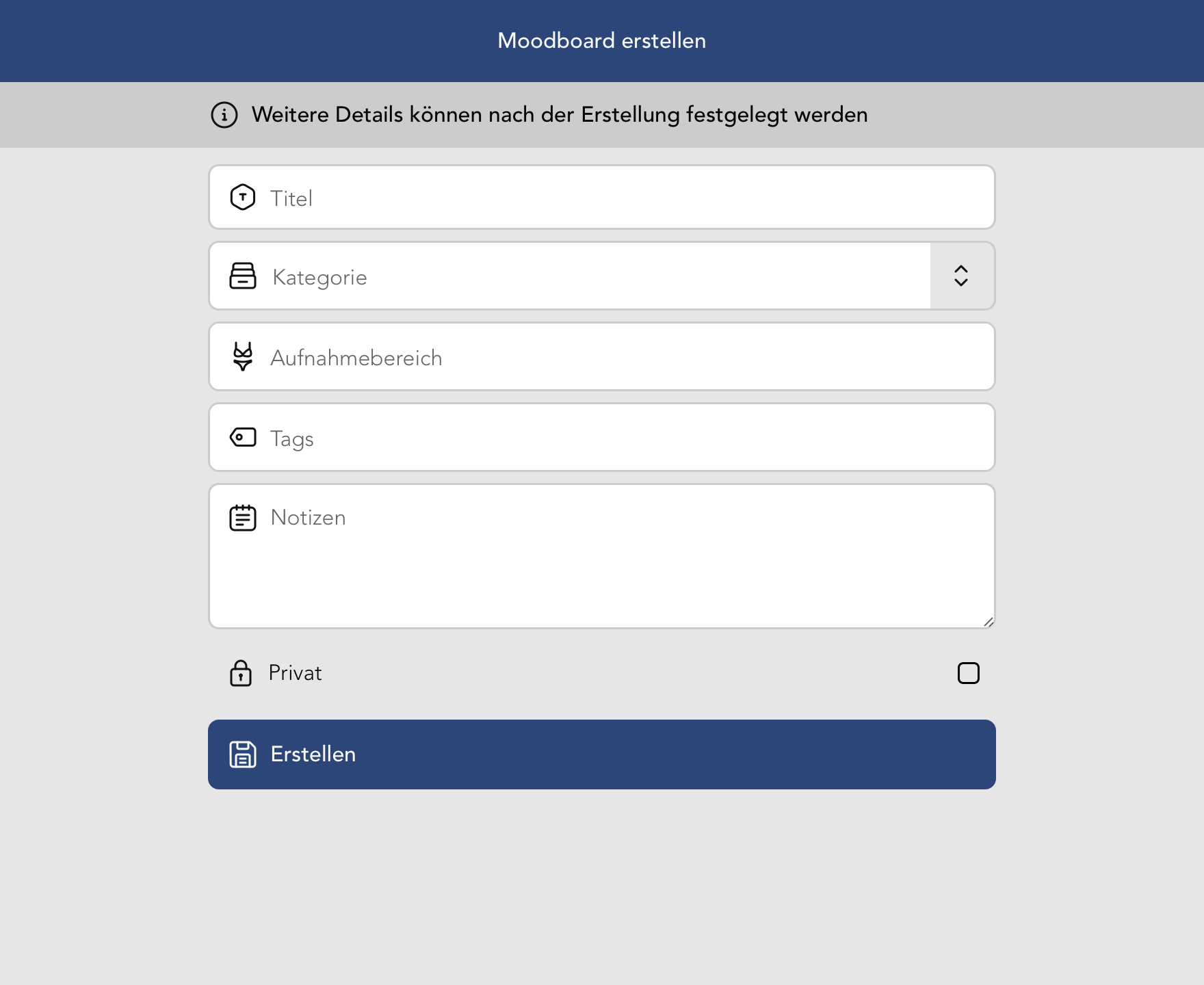 Ansicht zum Erstellen eines neuen Moodboards