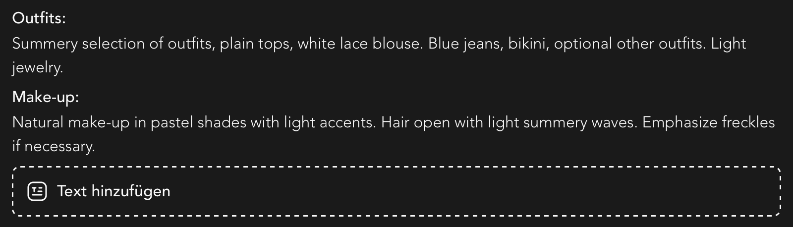 Texte Widget in der Moodboard Detailansicht