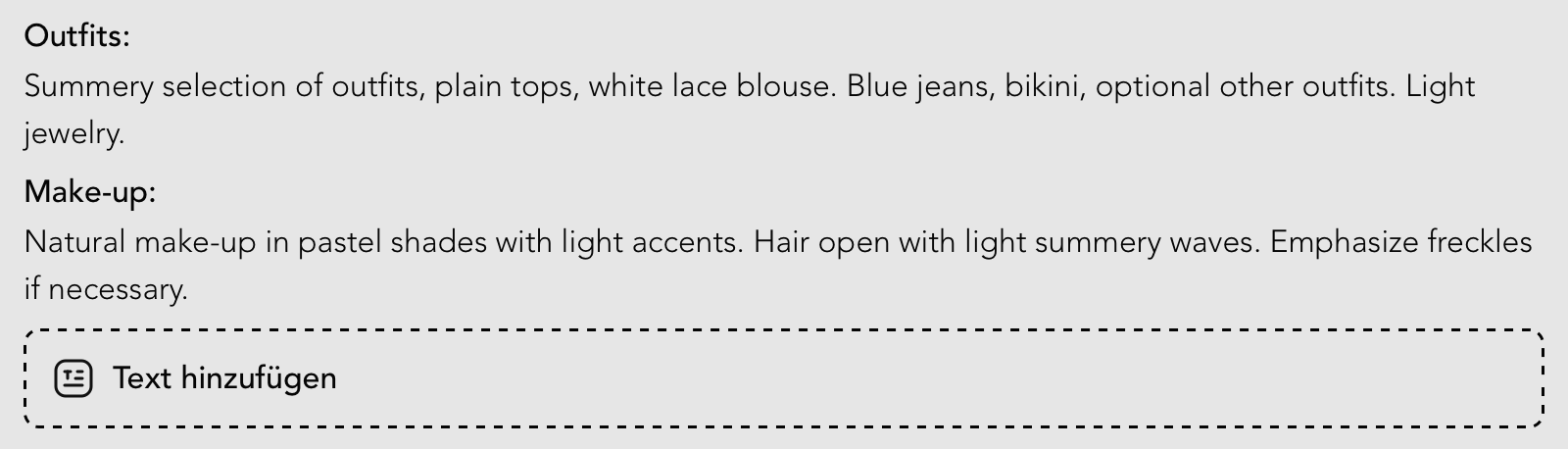 Texte Widget in der Moodboard Detailansicht
