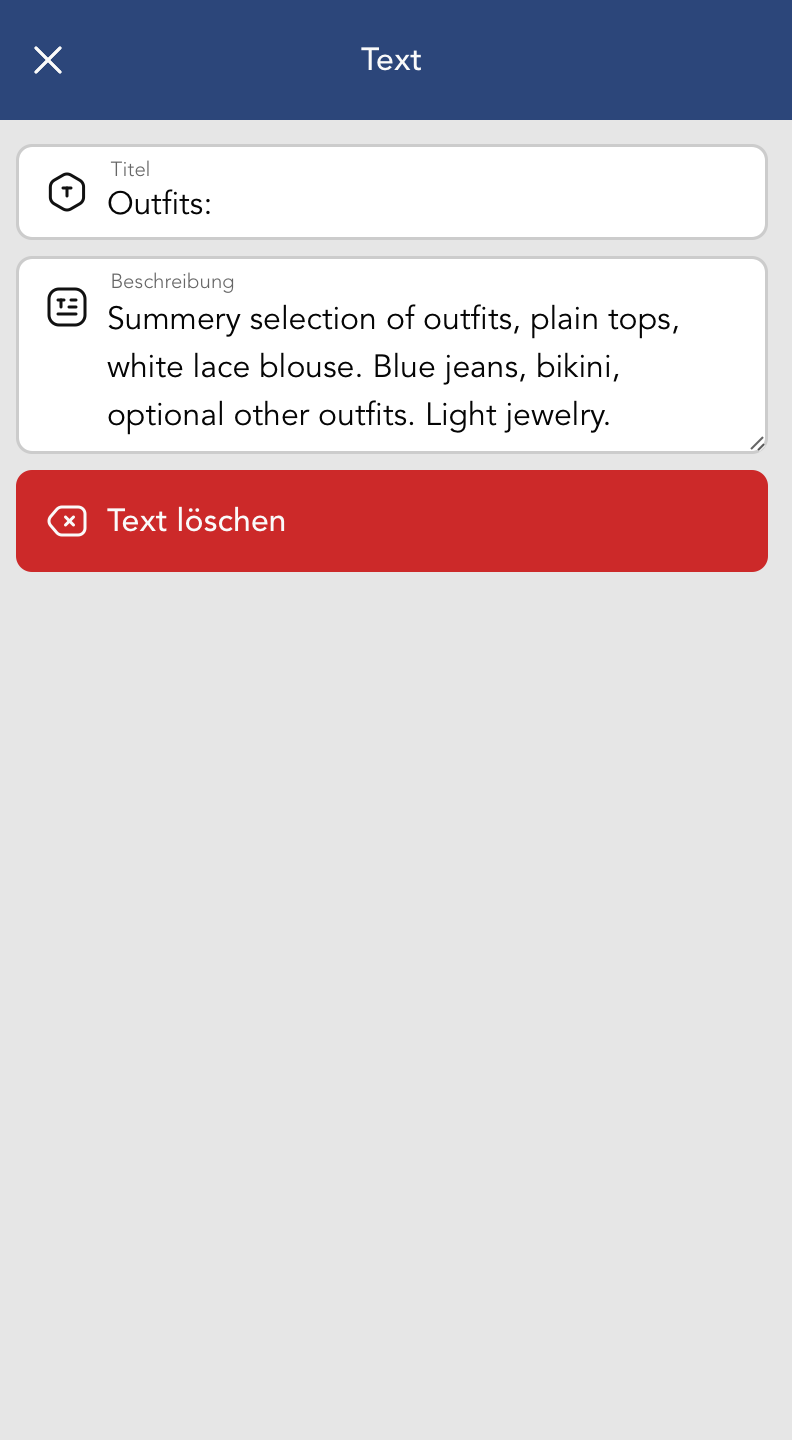 Moodboard Text Bearbeitungsansicht