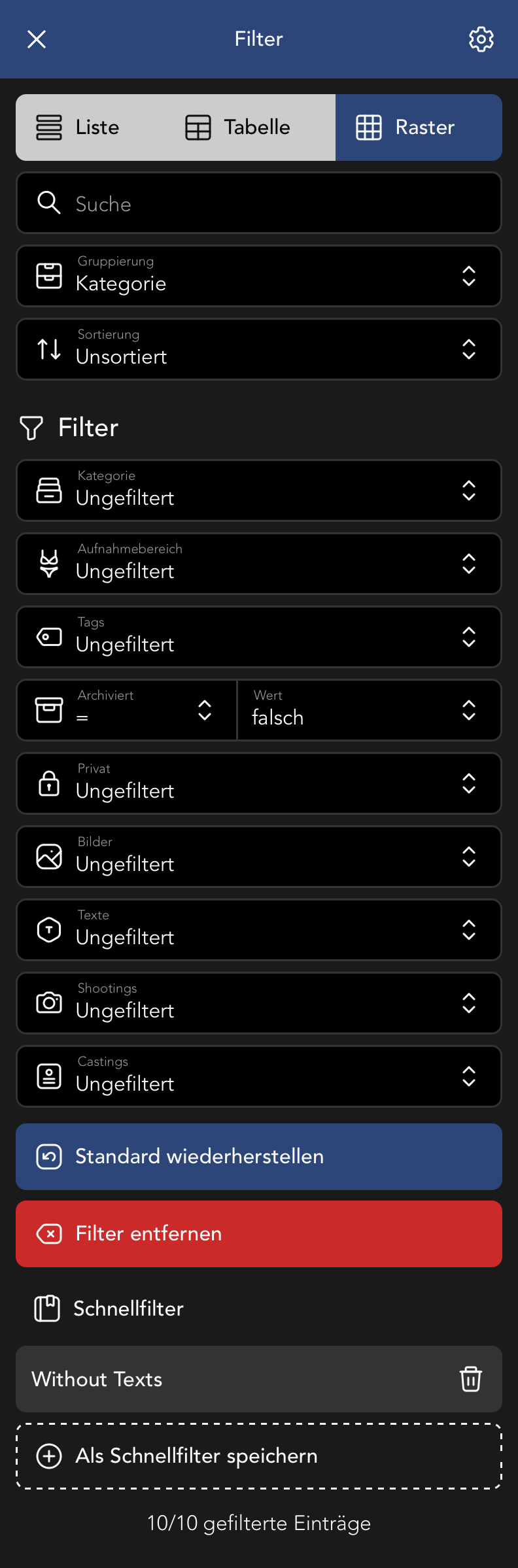 Filter Menu in der Moodboard Übersicht