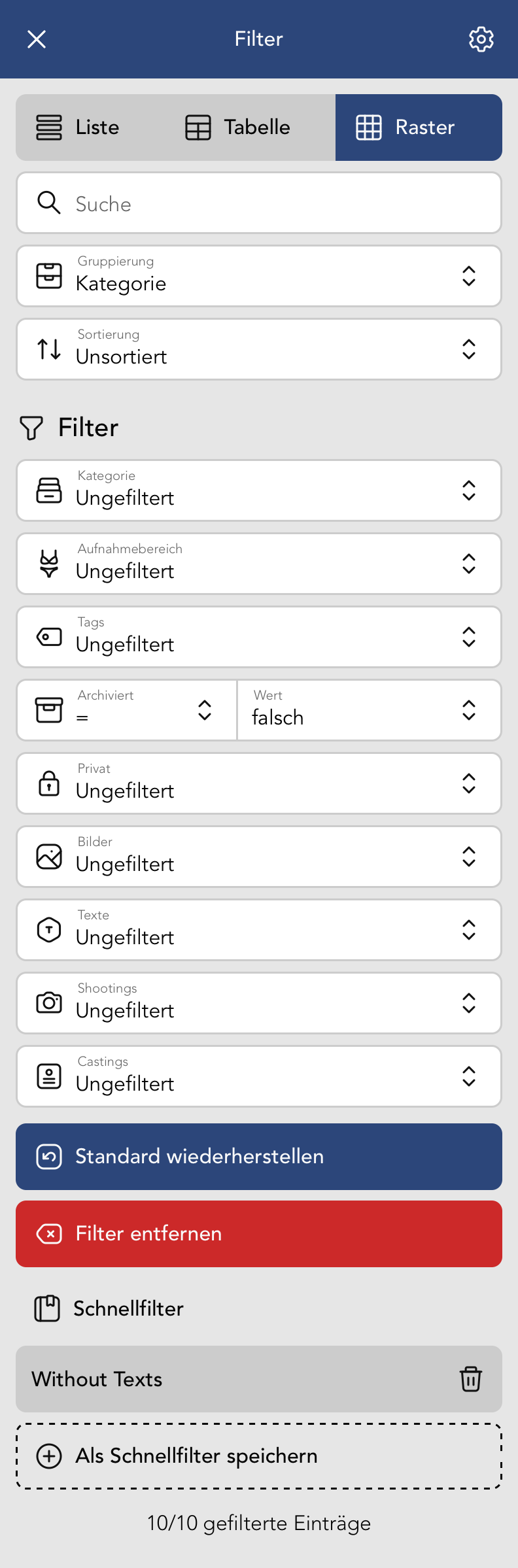 Filter Menu in der Moodboard Übersicht