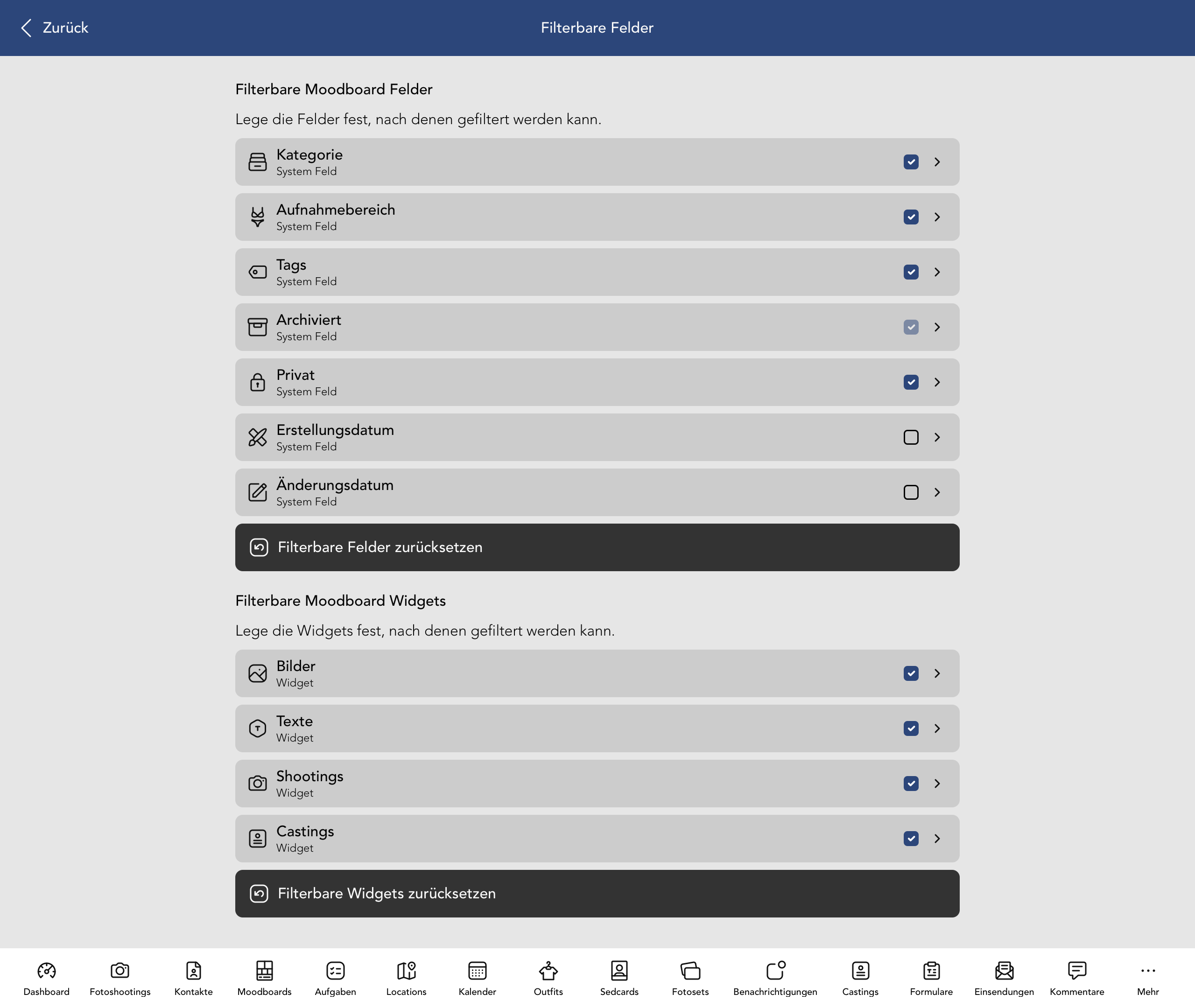 Filterbare Moodboard Felder und Widgets