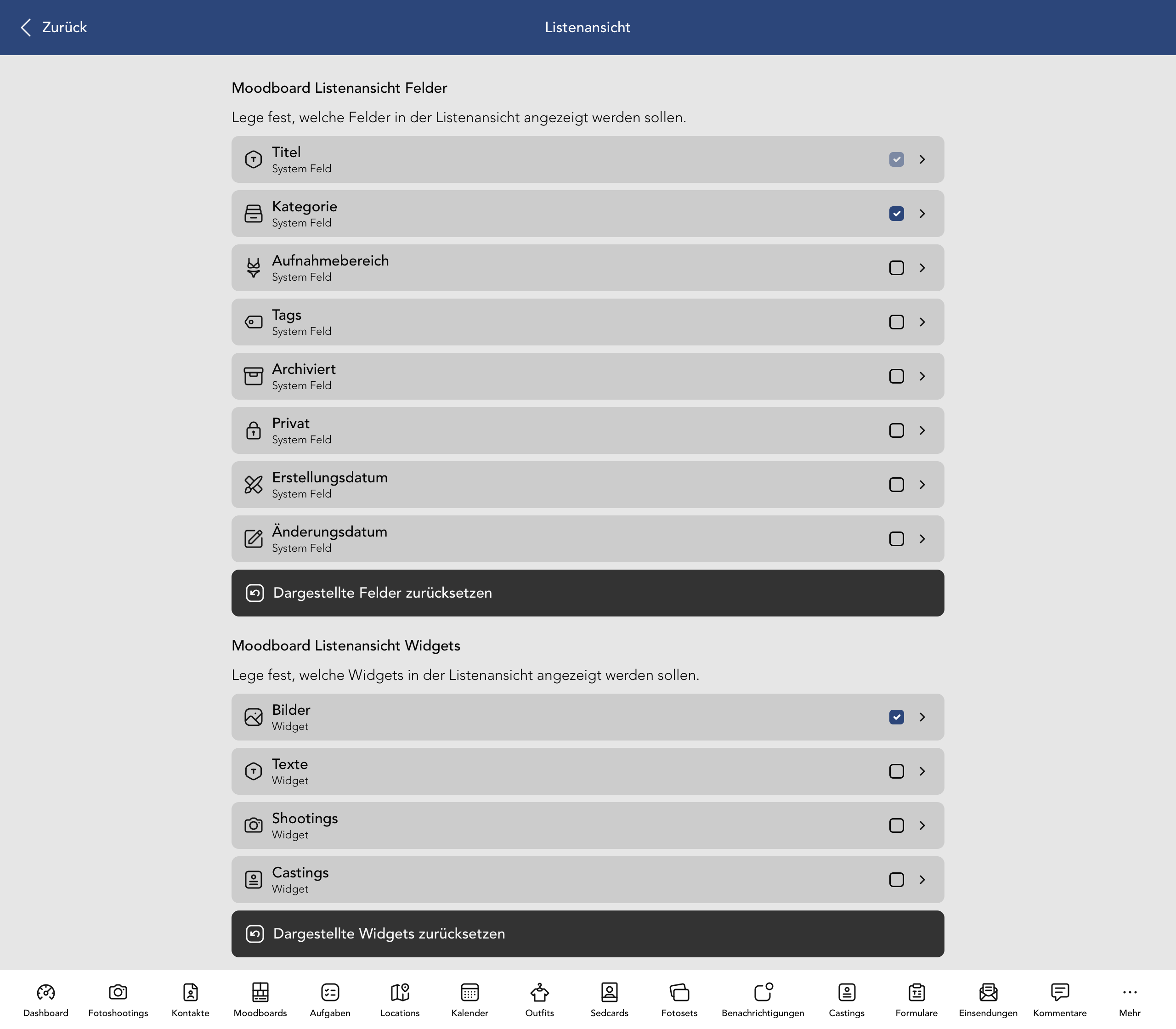 Moodboard Listenansicht Felder und Widgets