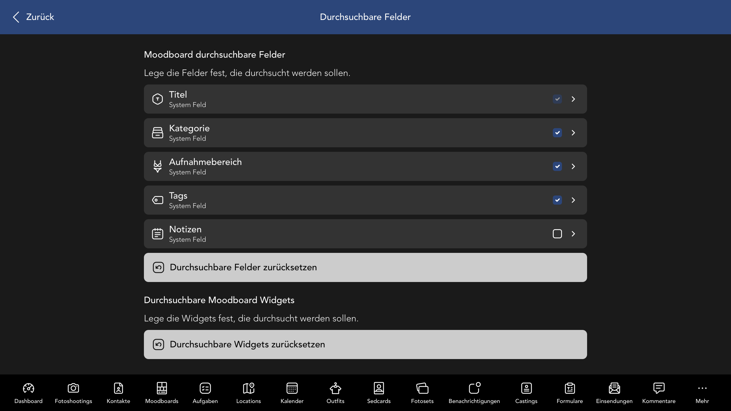 Durchsuchbare Moodboard Felder und Widgets