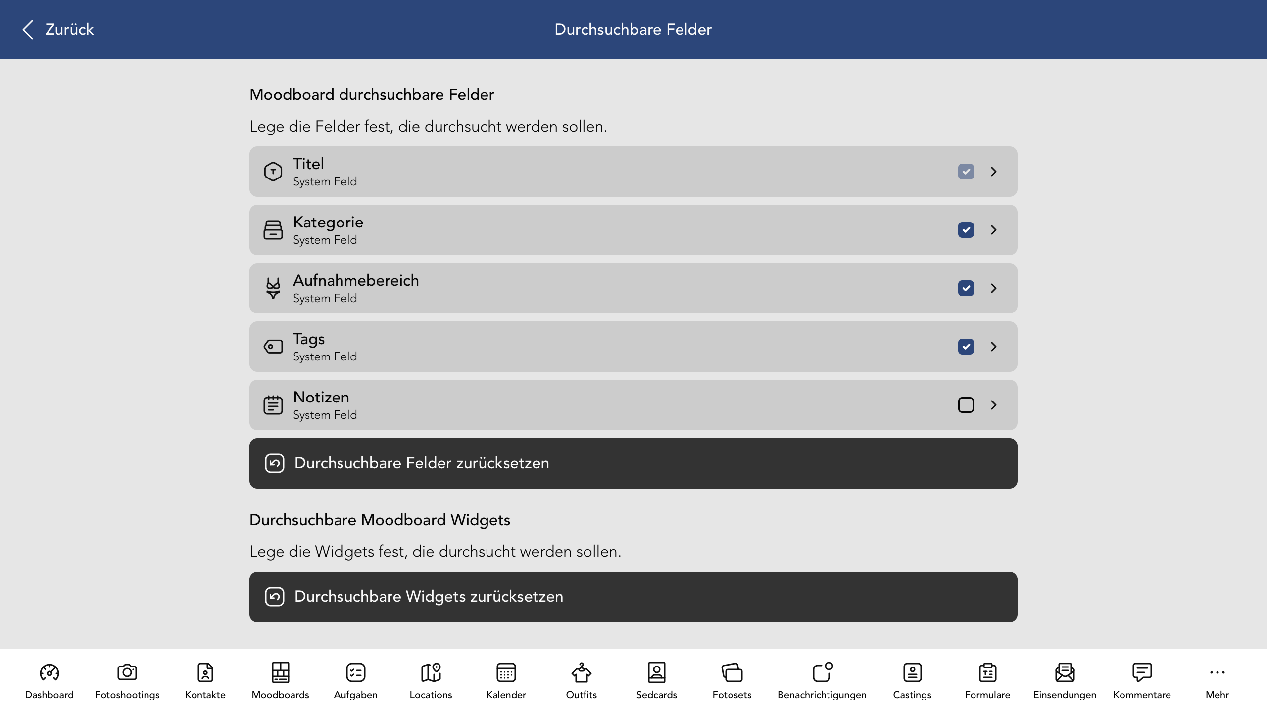 Durchsuchbare Moodboard Felder und Widgets
