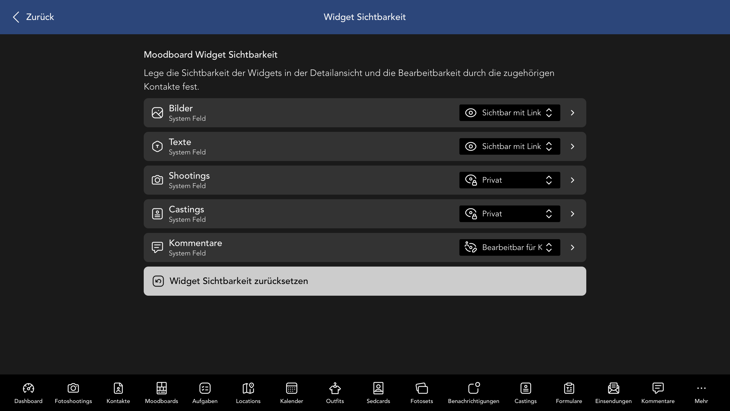 Moodboard Widget Sichtbarkeit