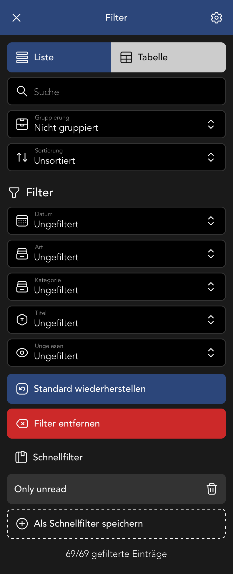 Filter Menu in der Benachrichtigung Übersicht