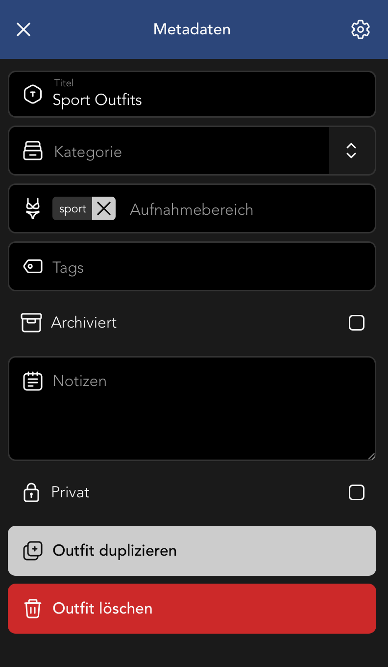 Outfit Metadaten Bearbeiten