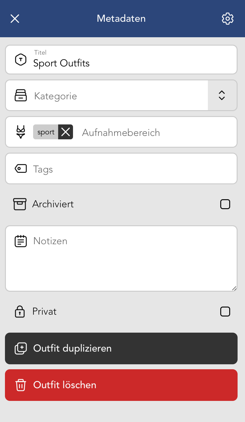 Outfit Metadaten Bearbeiten