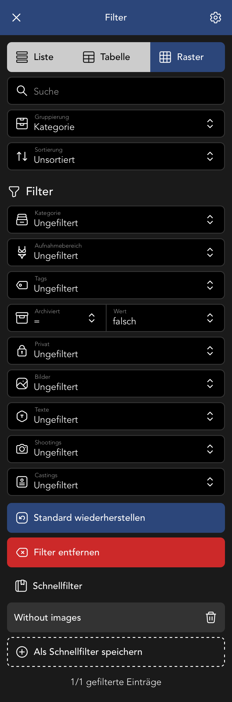 Filter Menu in der Outfit Übersicht