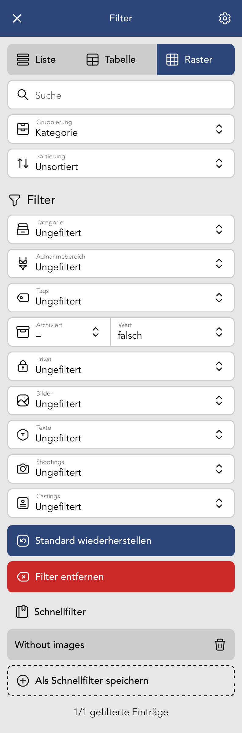 Filter Menu in der Outfit Übersicht