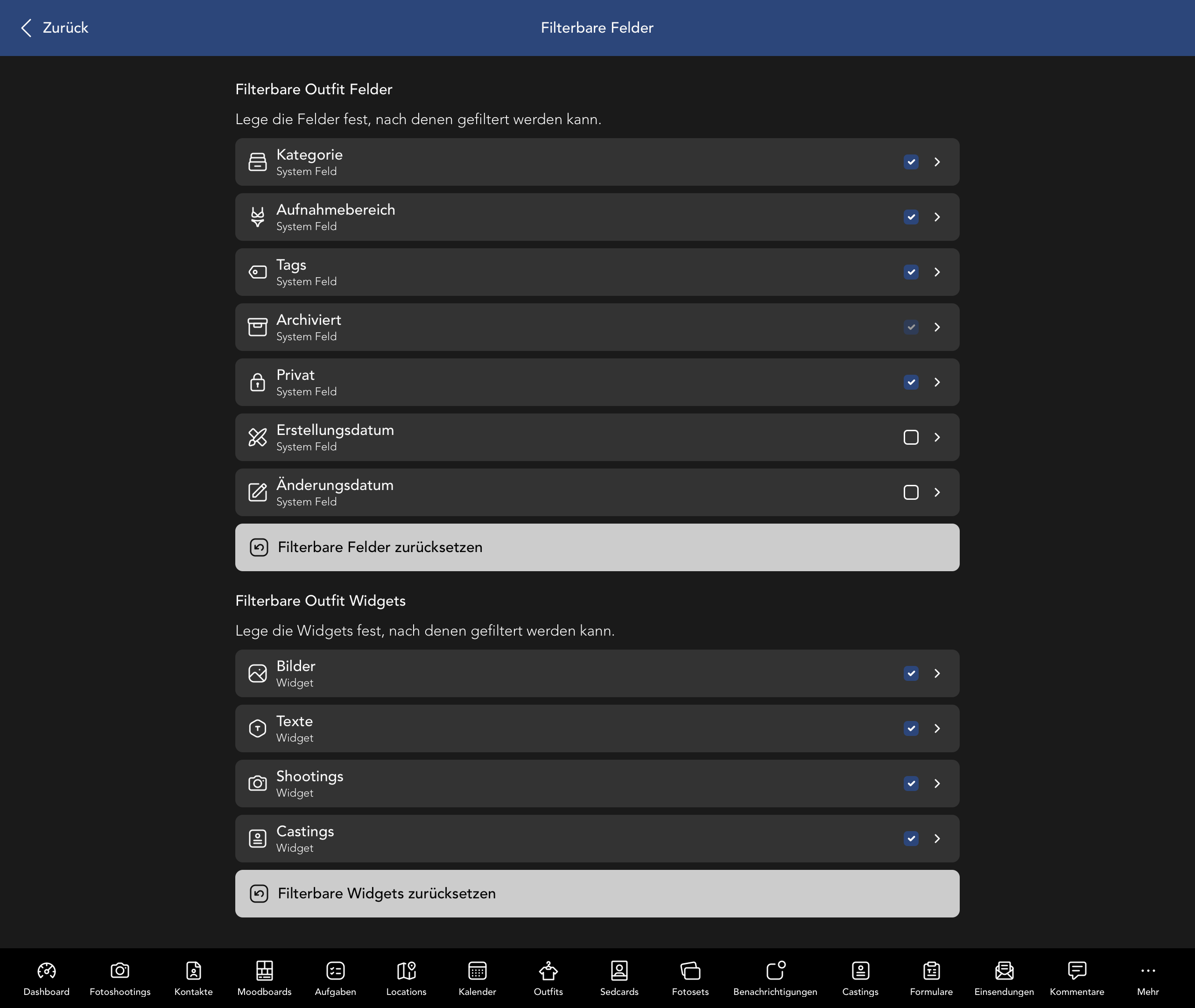 Filterbare Outfit Felder und Widgets
