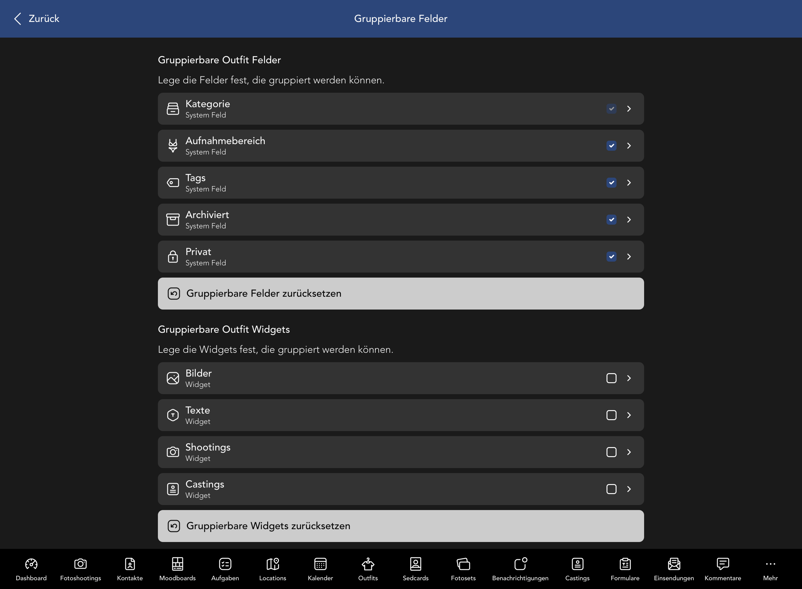 Gruppierbare Outfit Felder und Widgets