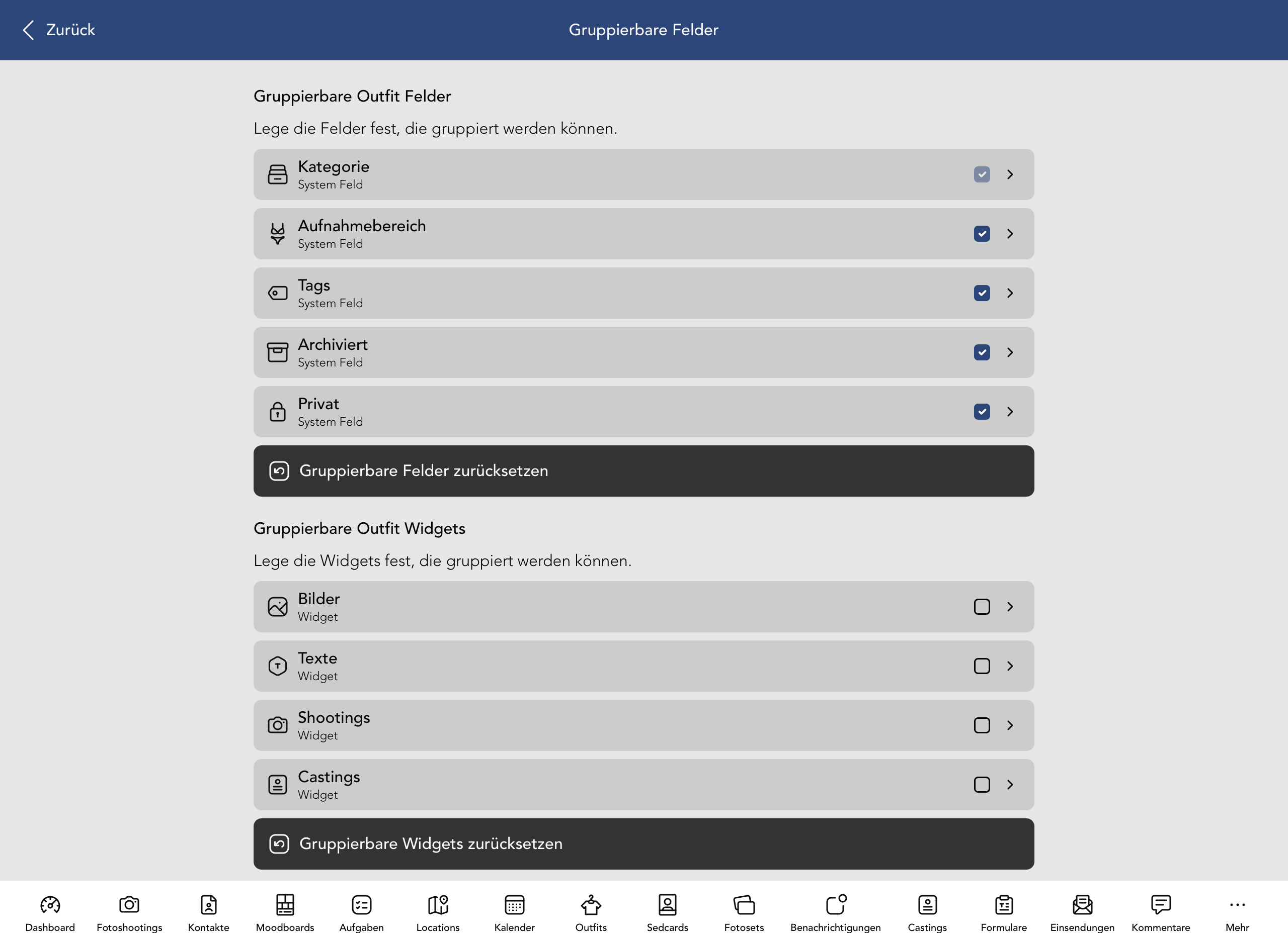 Gruppierbare Outfit Felder und Widgets