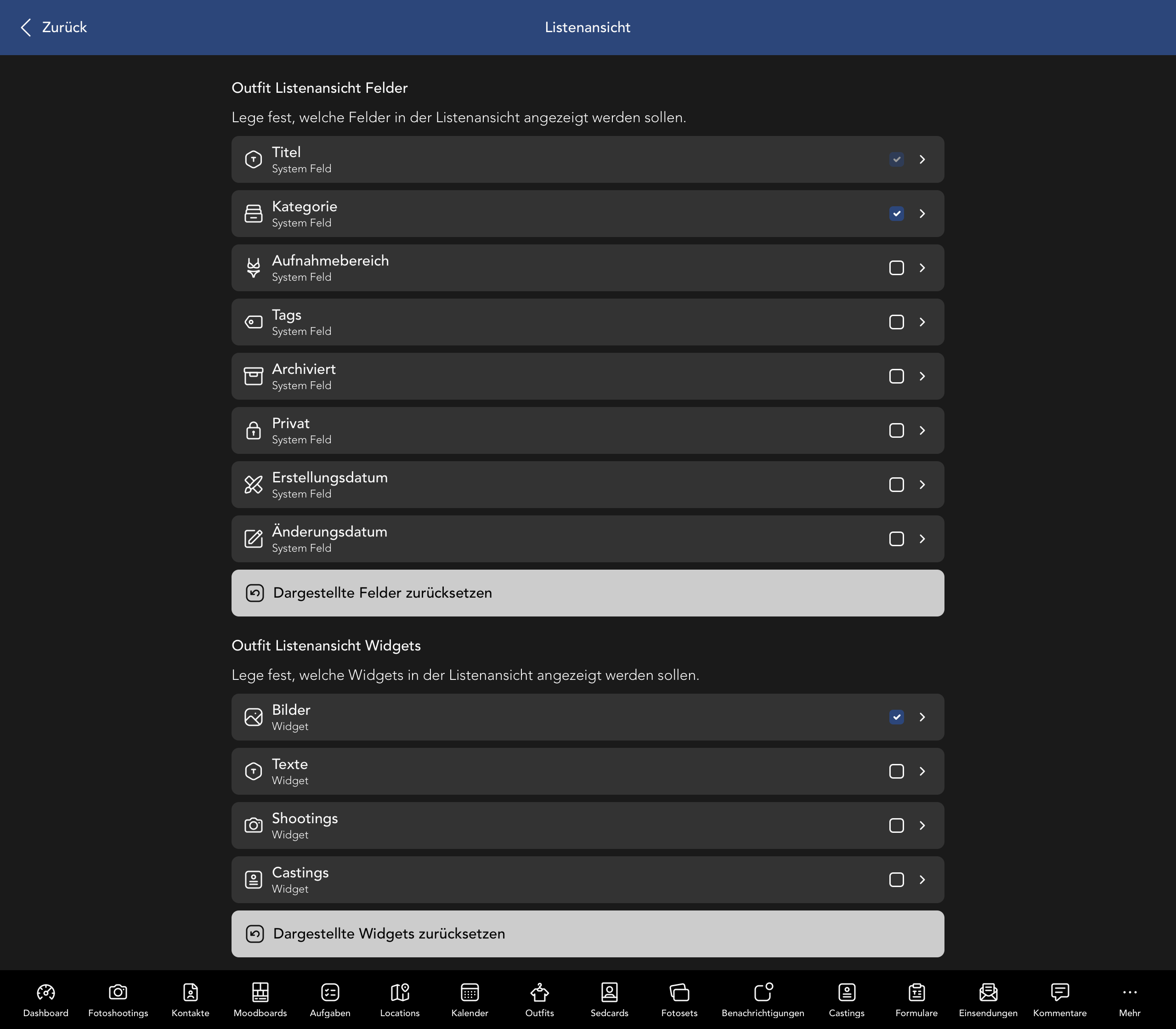 Outfit Listenansicht Felder und Widgets