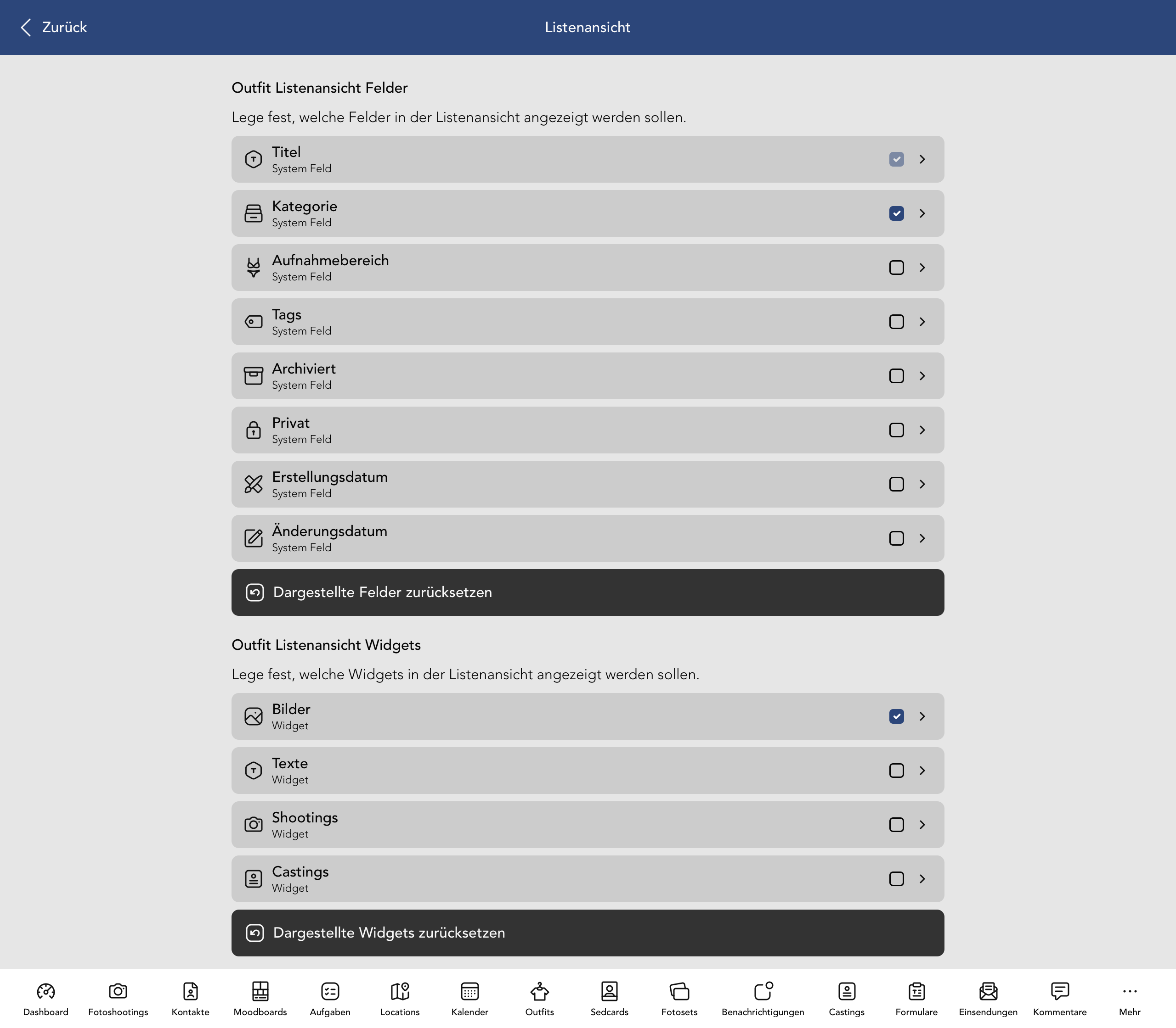 Outfit Listenansicht Felder und Widgets