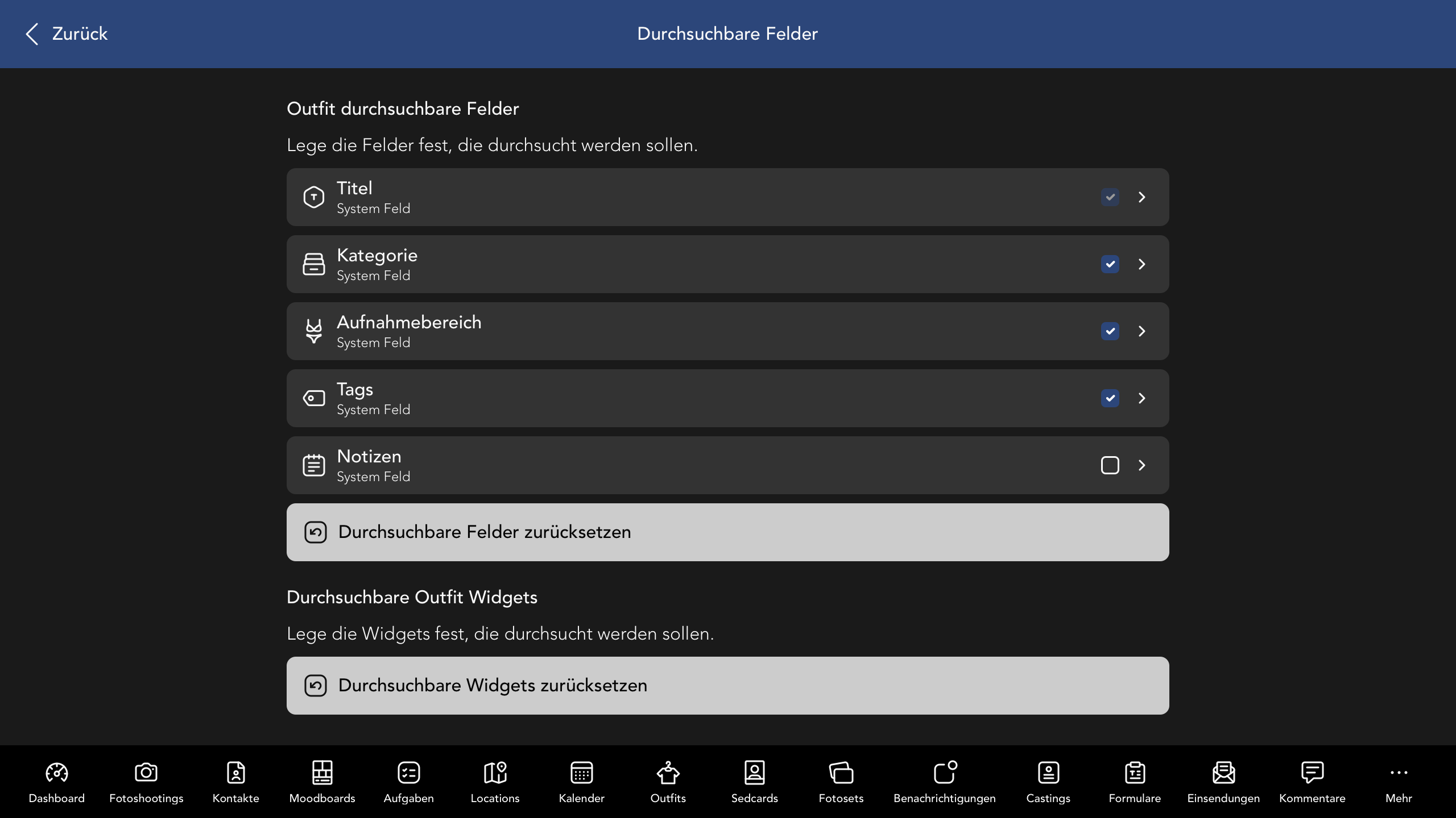 Durchsuchbare Outfit Felder und Widgets