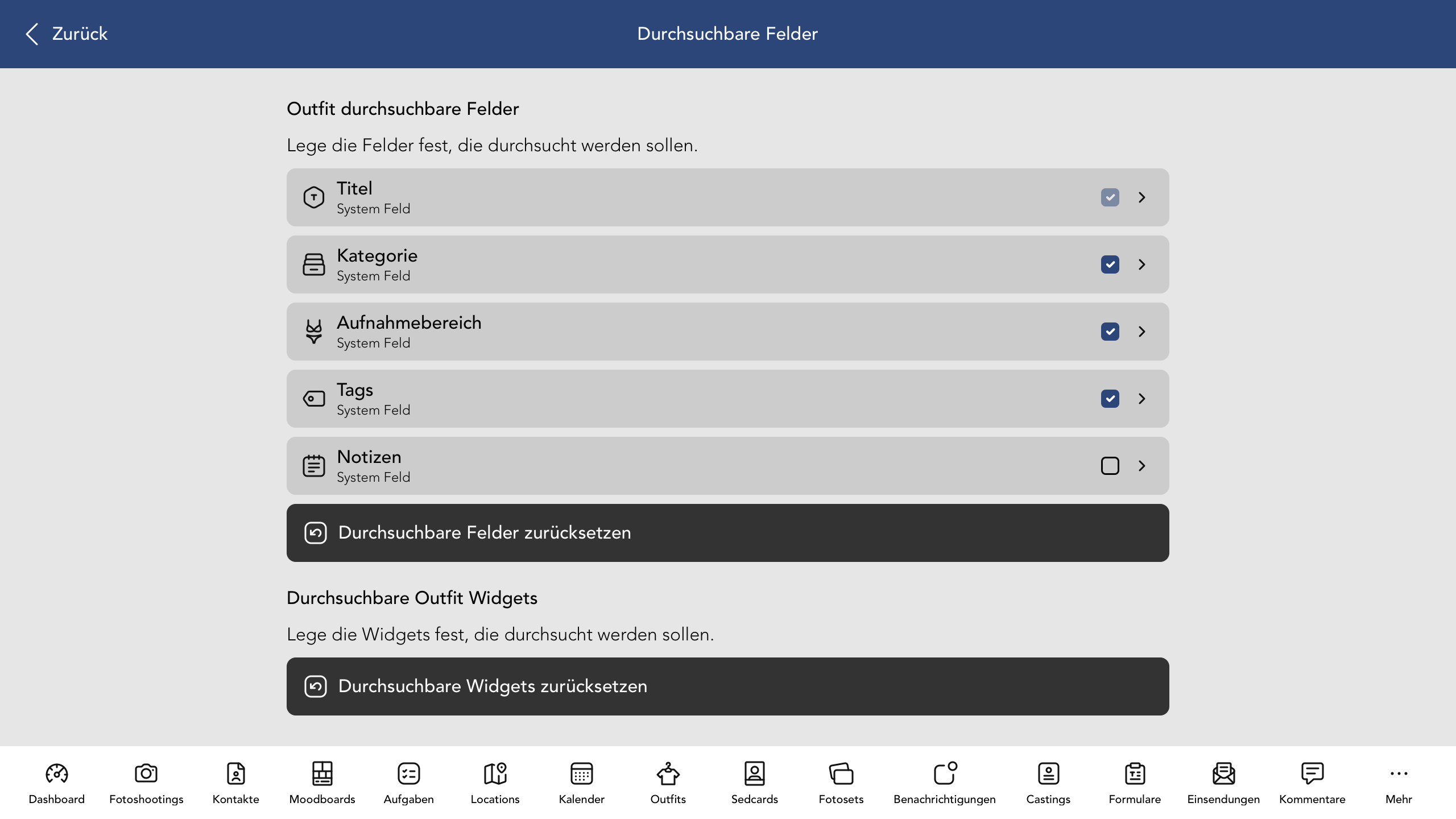 Durchsuchbare Outfit Felder und Widgets