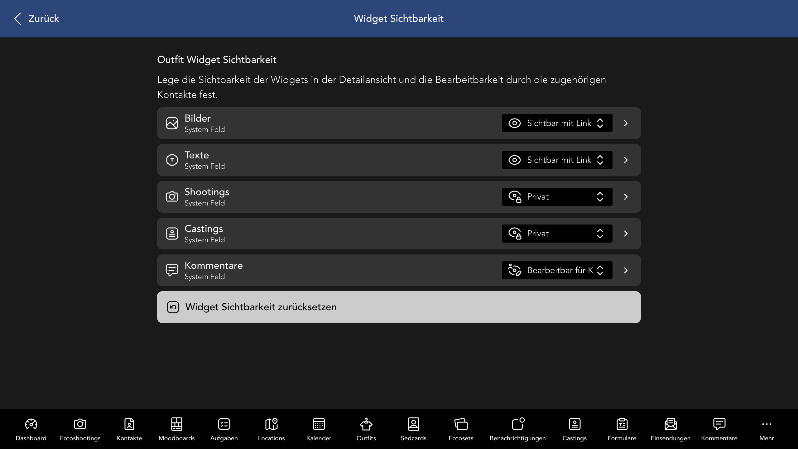 Outfit Widget Sichtbarkeit