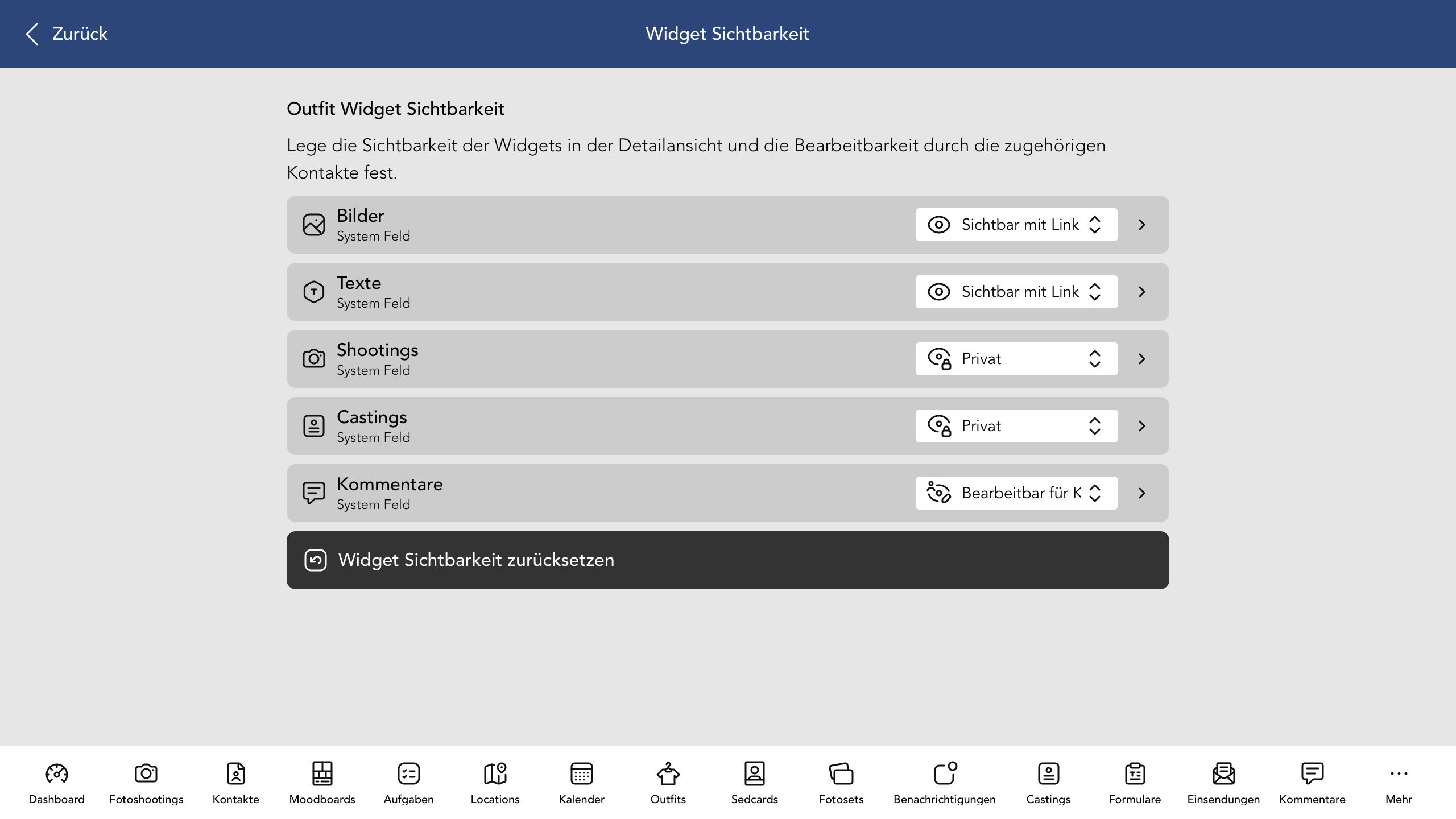 Outfit Widget Sichtbarkeit