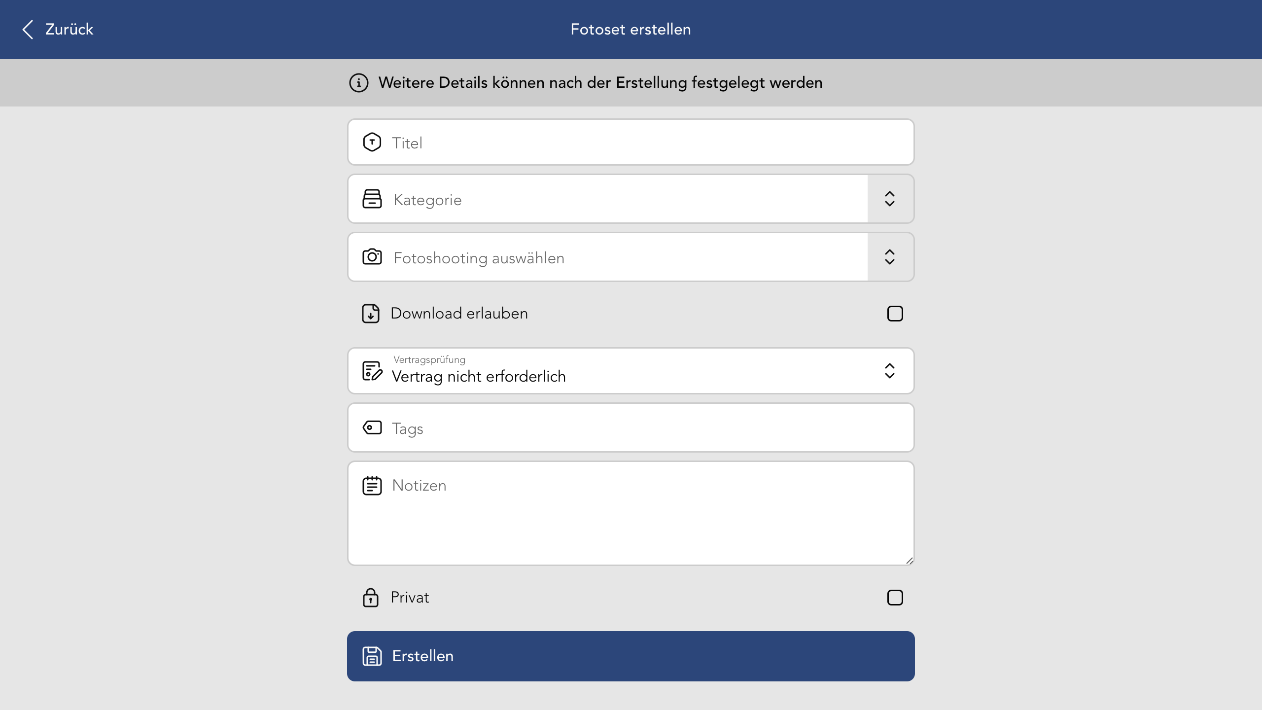 Ansicht zum Erstellen eines neuen Fotosets