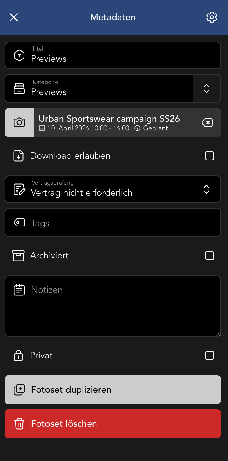 Fotoset Metadaten Bearbeiten