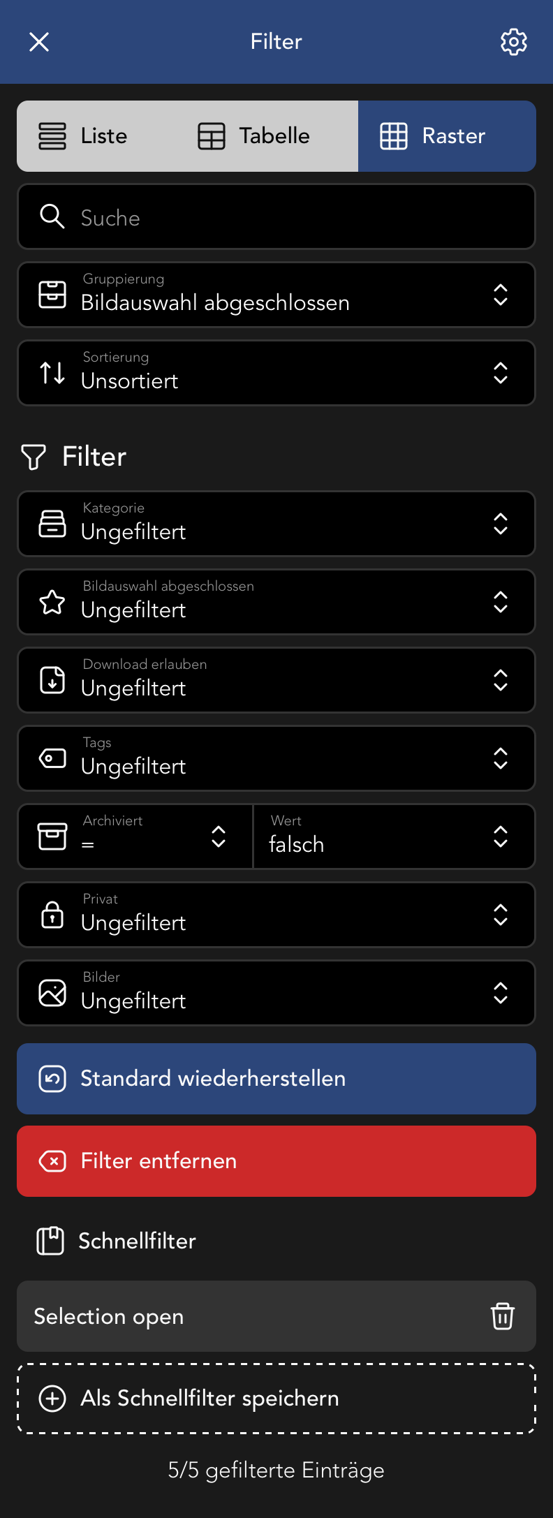 Filter Menu in der Photoset Übersicht