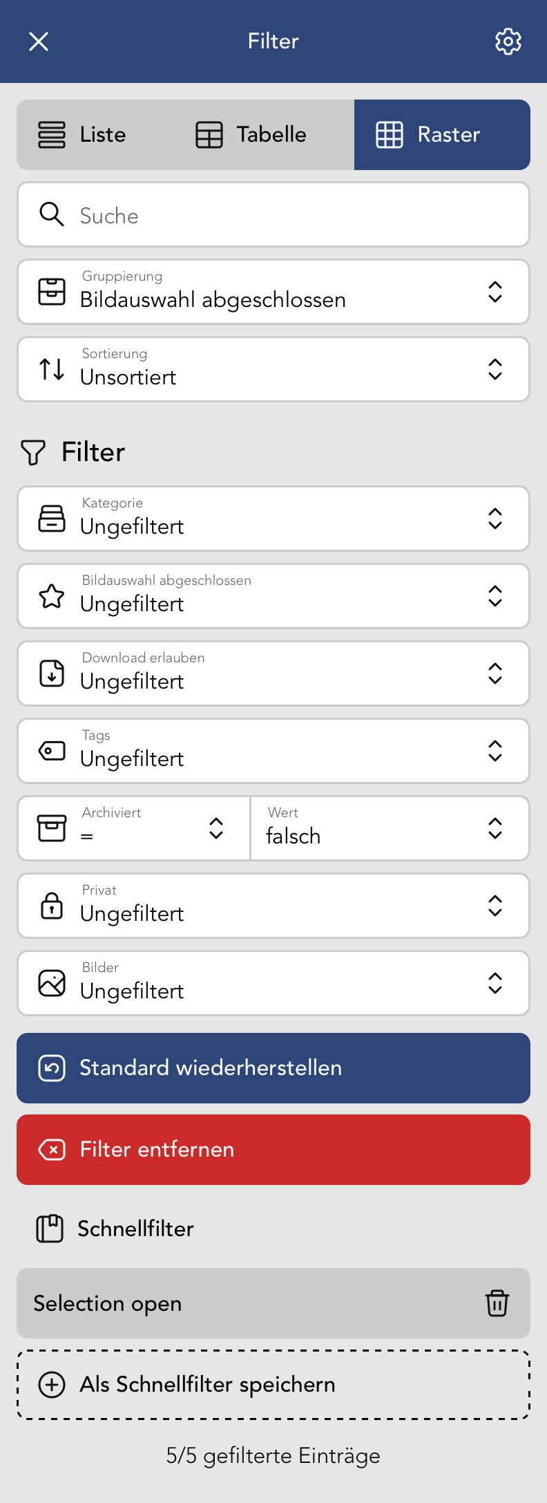 Filter Menu in der Photoset Übersicht