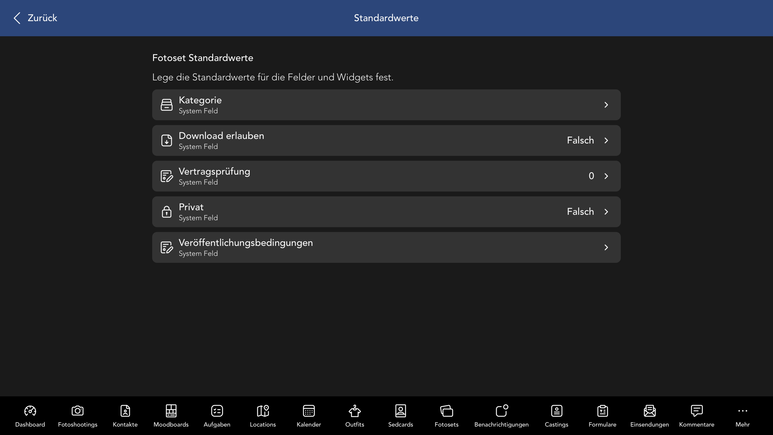 Fotoset Standardwerte
