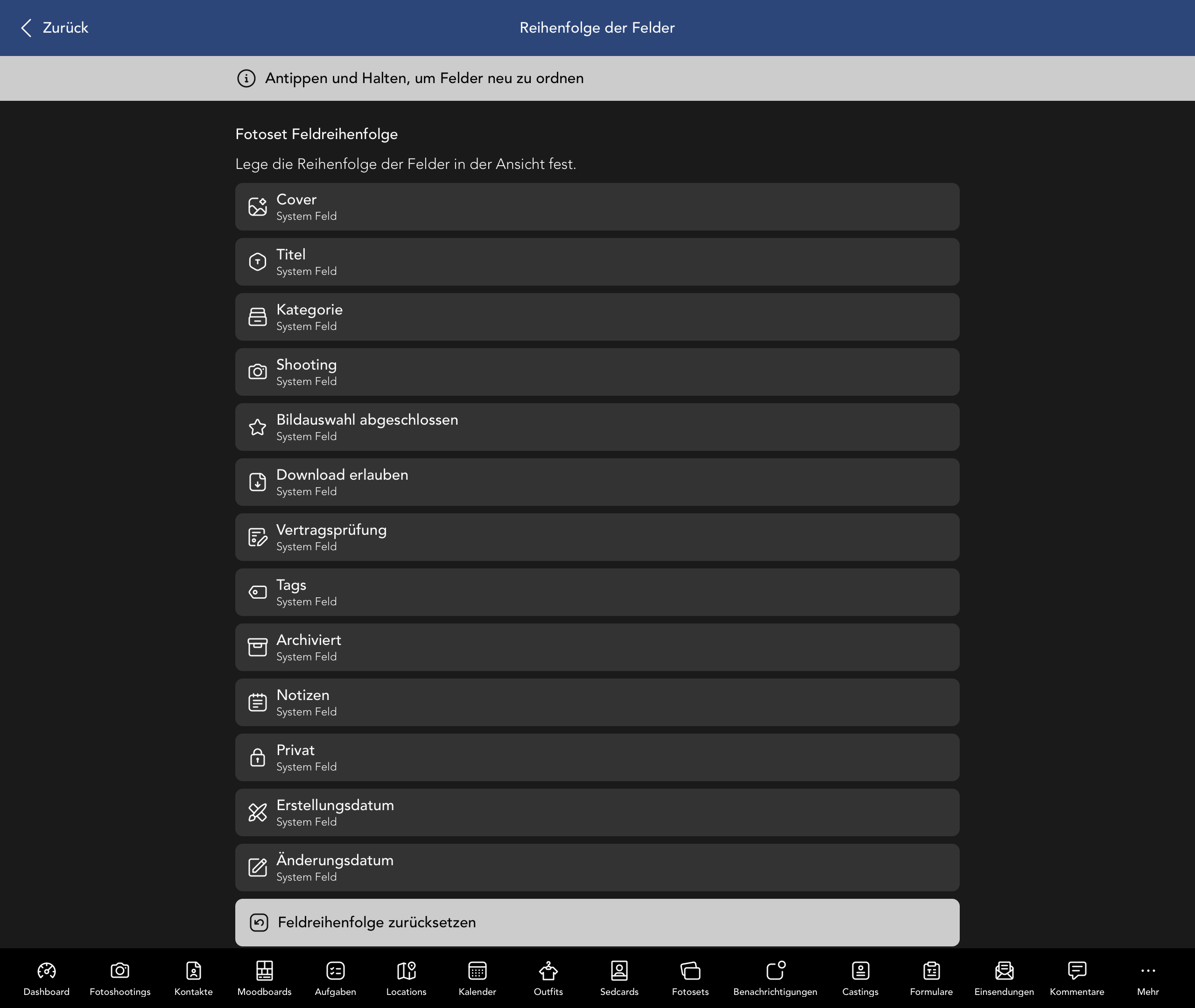 Reihenfolge der Fotoset Felder