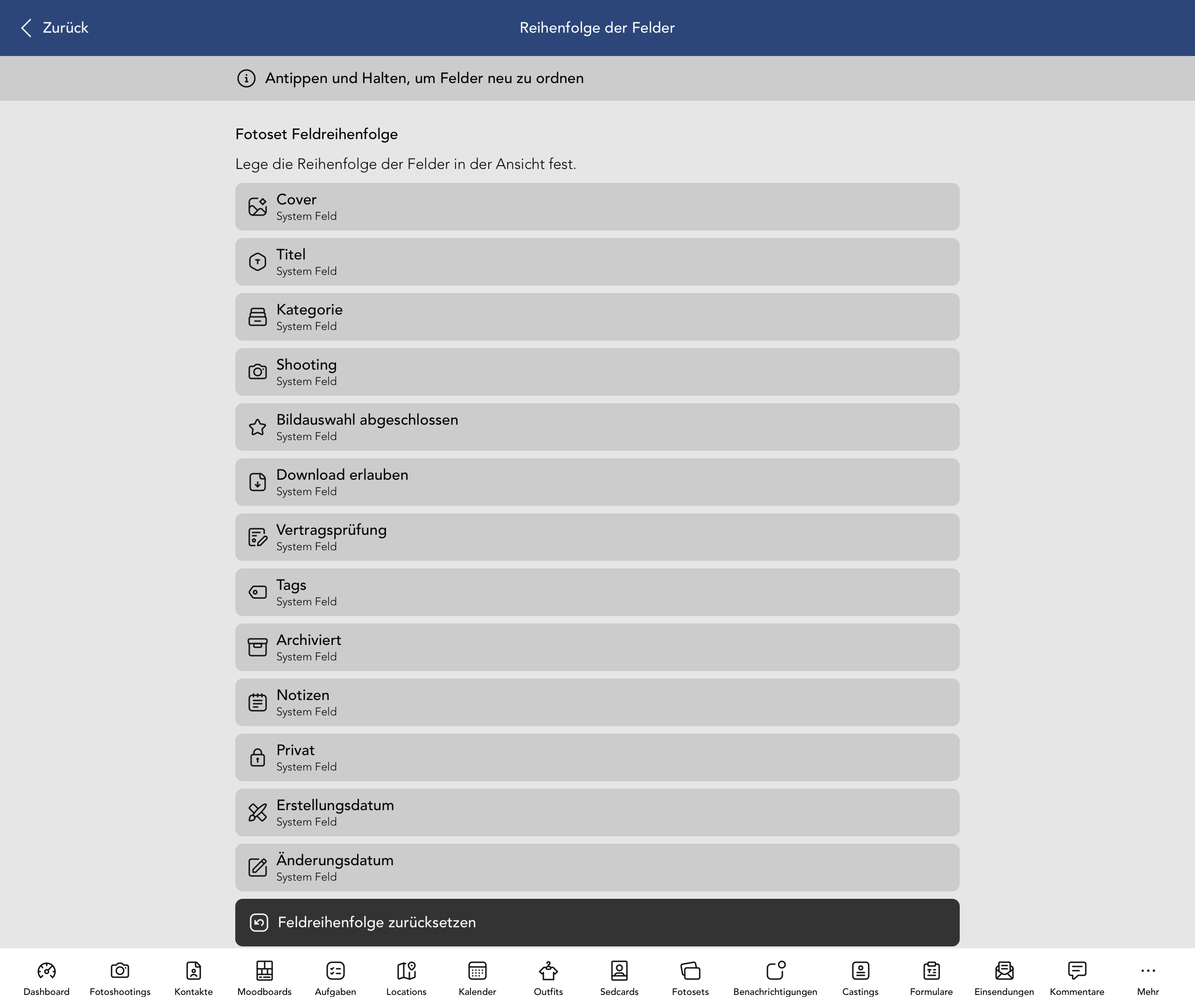 Reihenfolge der Fotoset Felder