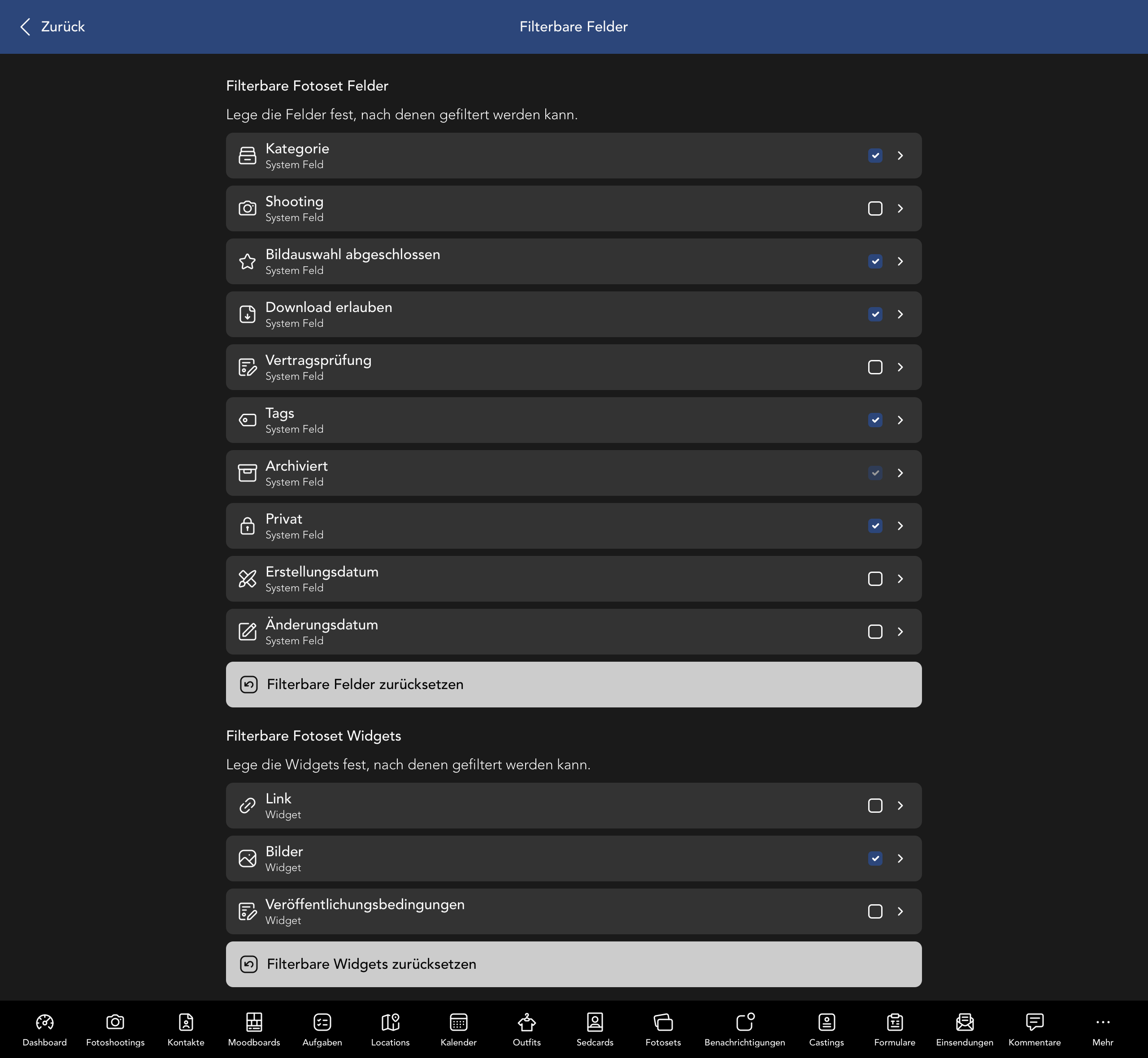 Filterbare Fotoset Felder und Widgets