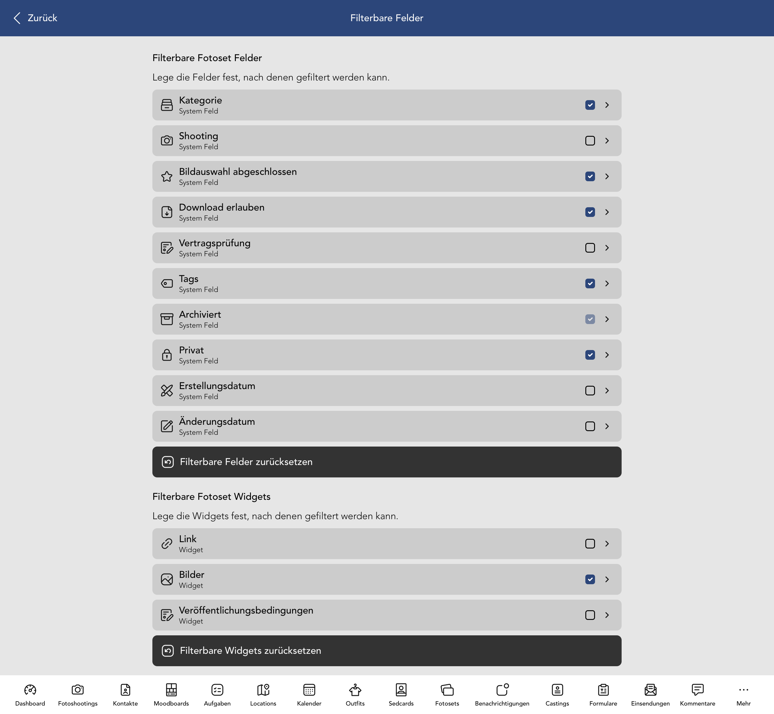 Filterbare Fotoset Felder und Widgets