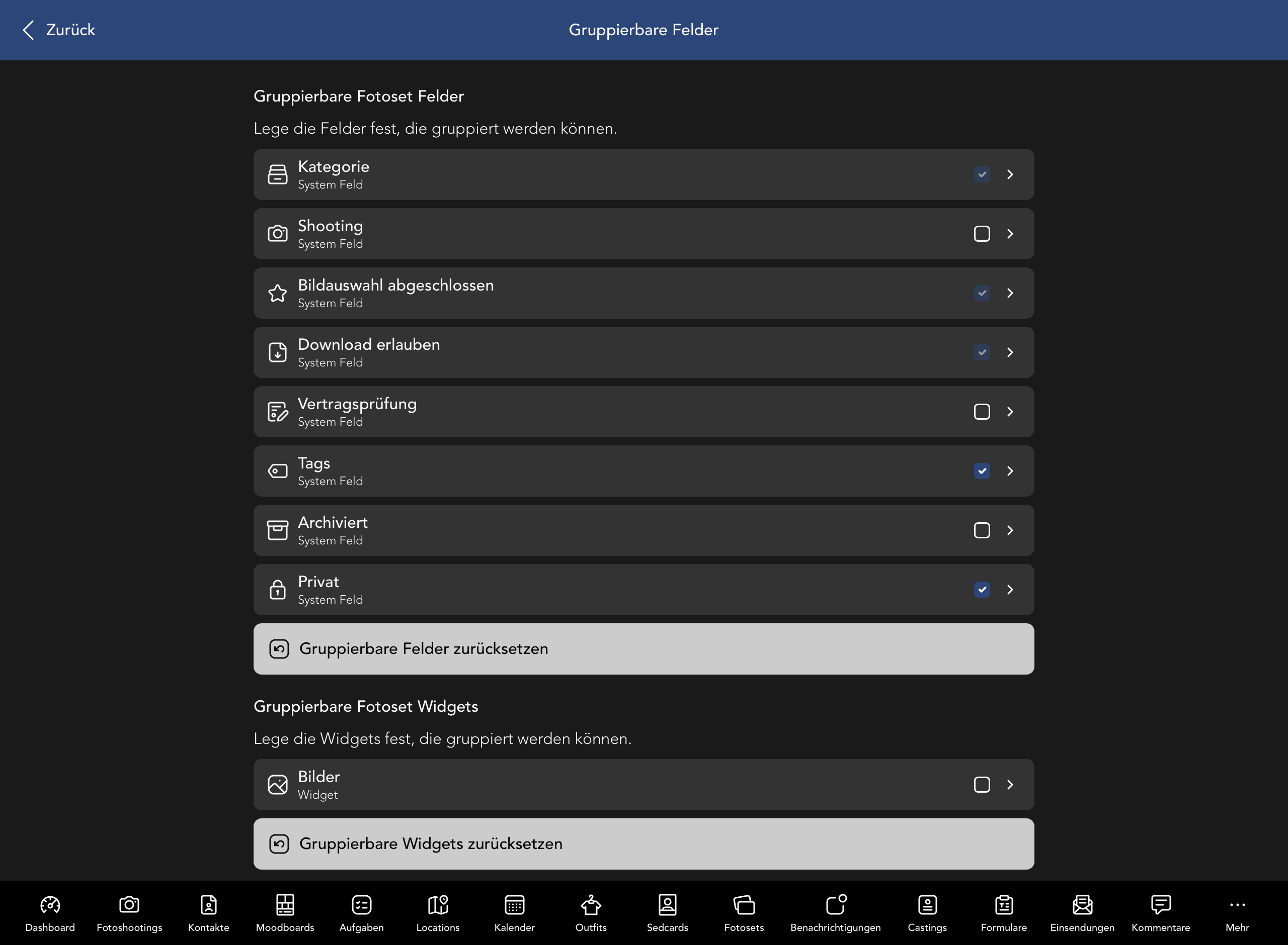 Gruppierbare Fotoset Felder und Widgets