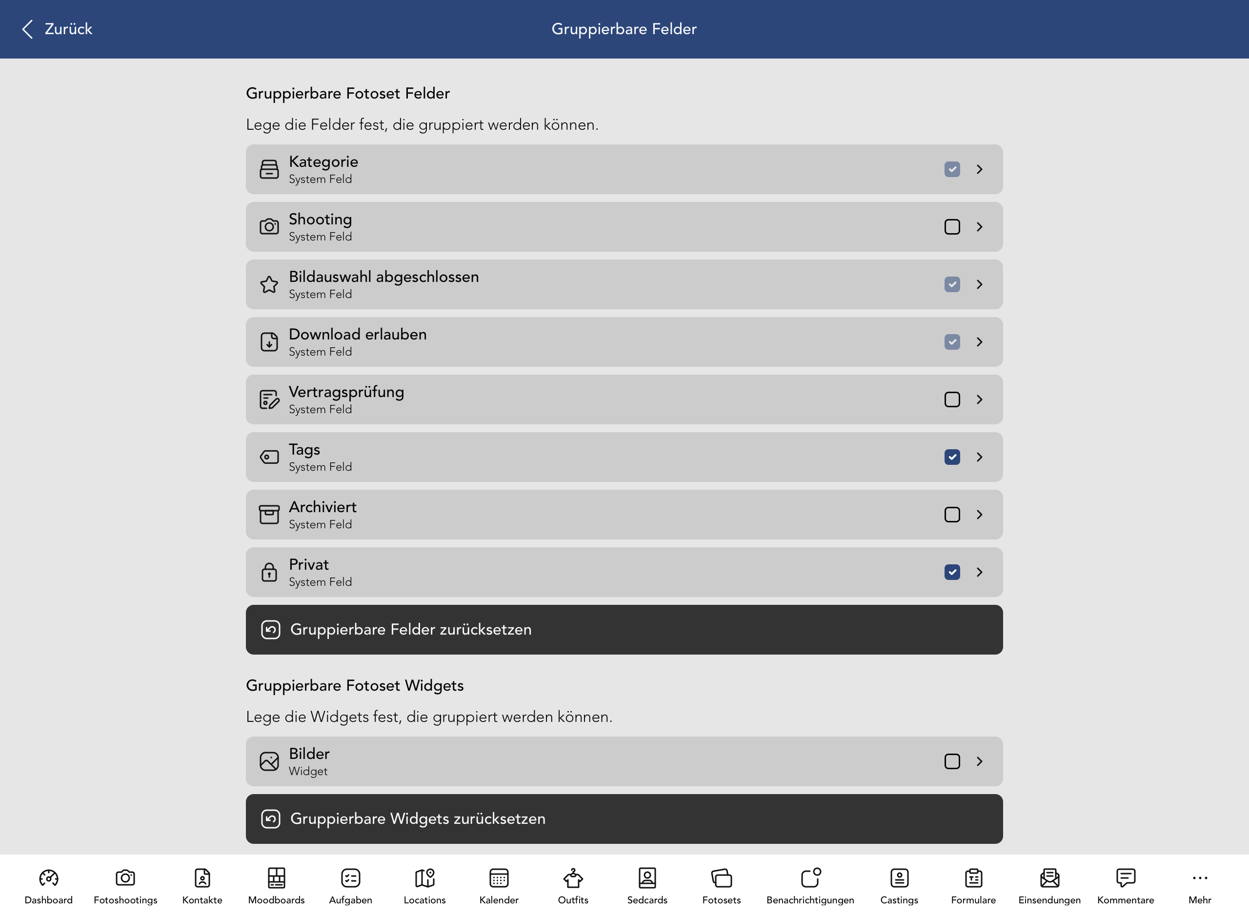Gruppierbare Fotoset Felder und Widgets